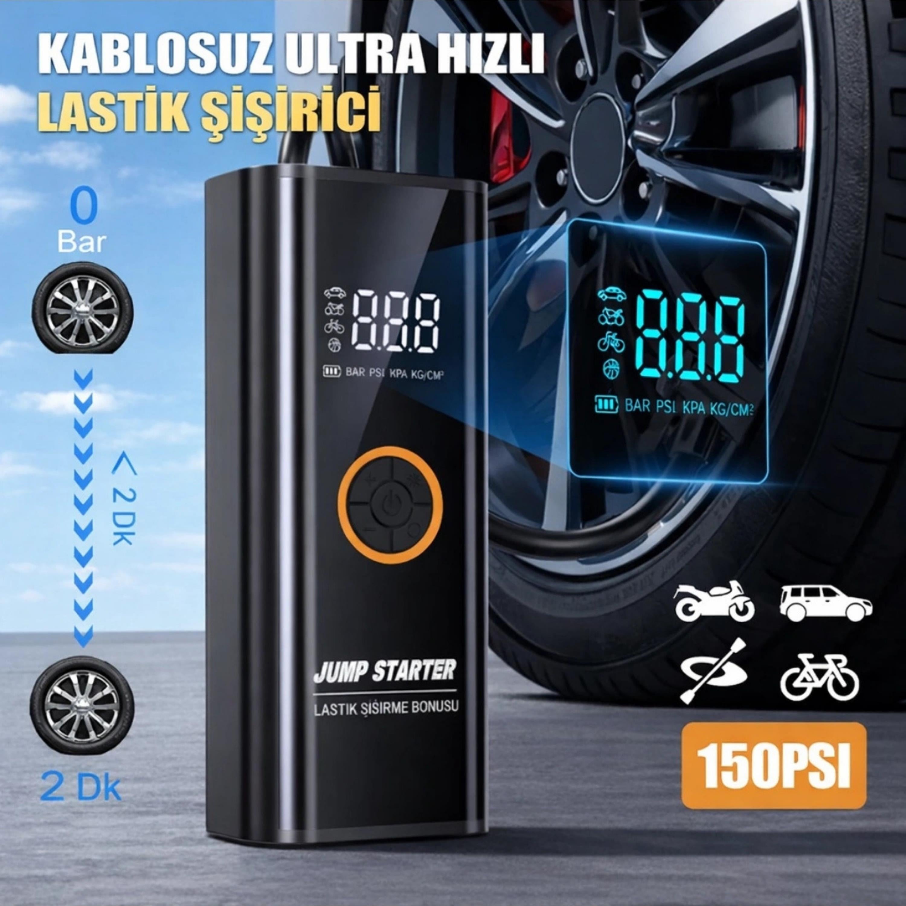 MC6623 Araç Akü Takviye Cihazı Dijital Göstergeli Lastik Şişirme Kompresörü Taşınabilir Güçlü Çok Fonksiyonlu Acil Destek Ünitesi