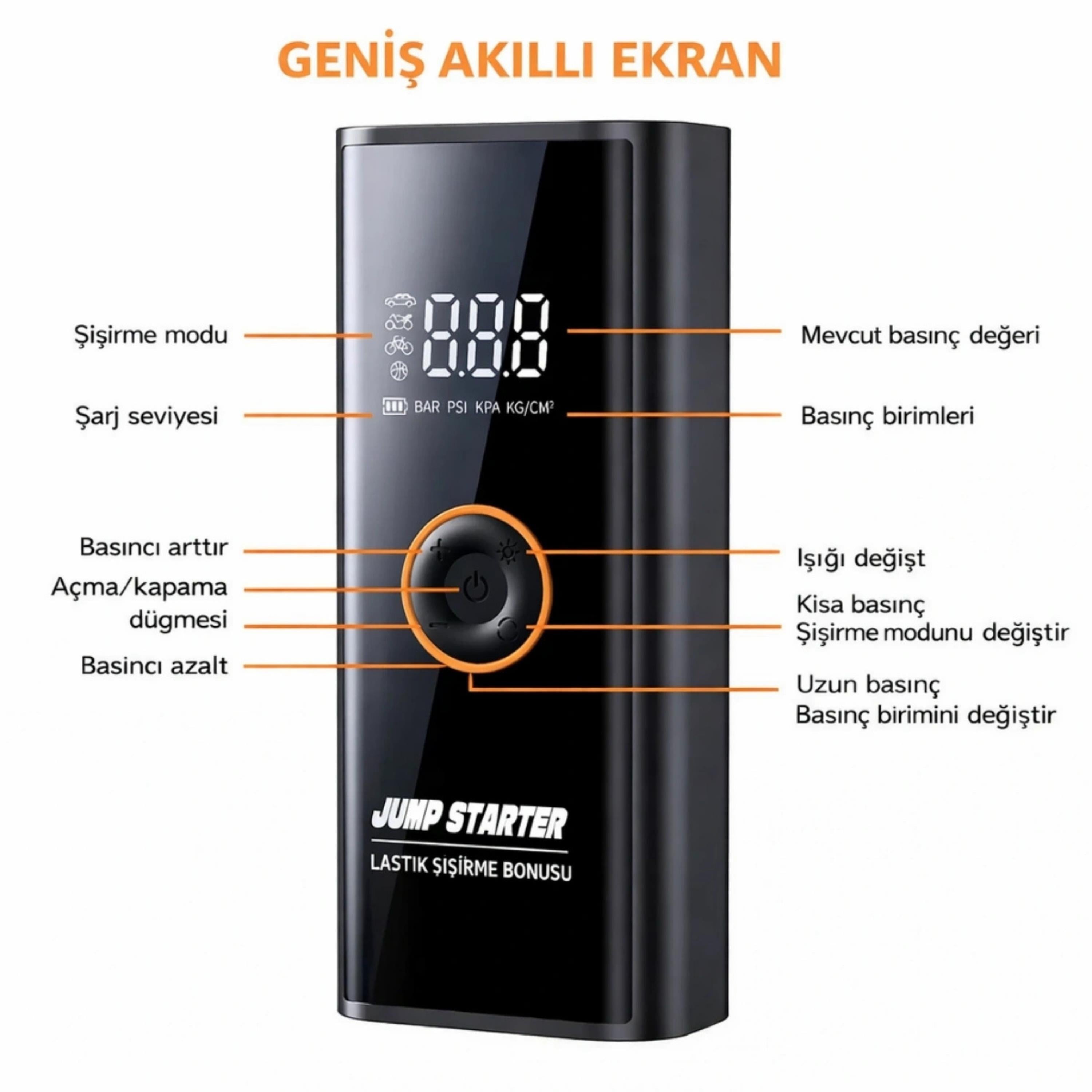 MC6623 Araç Akü Takviye Cihazı Dijital Göstergeli Lastik Şişirme Kompresörü Taşınabilir Güçlü Çok Fonksiyonlu Acil Destek Ünitesi