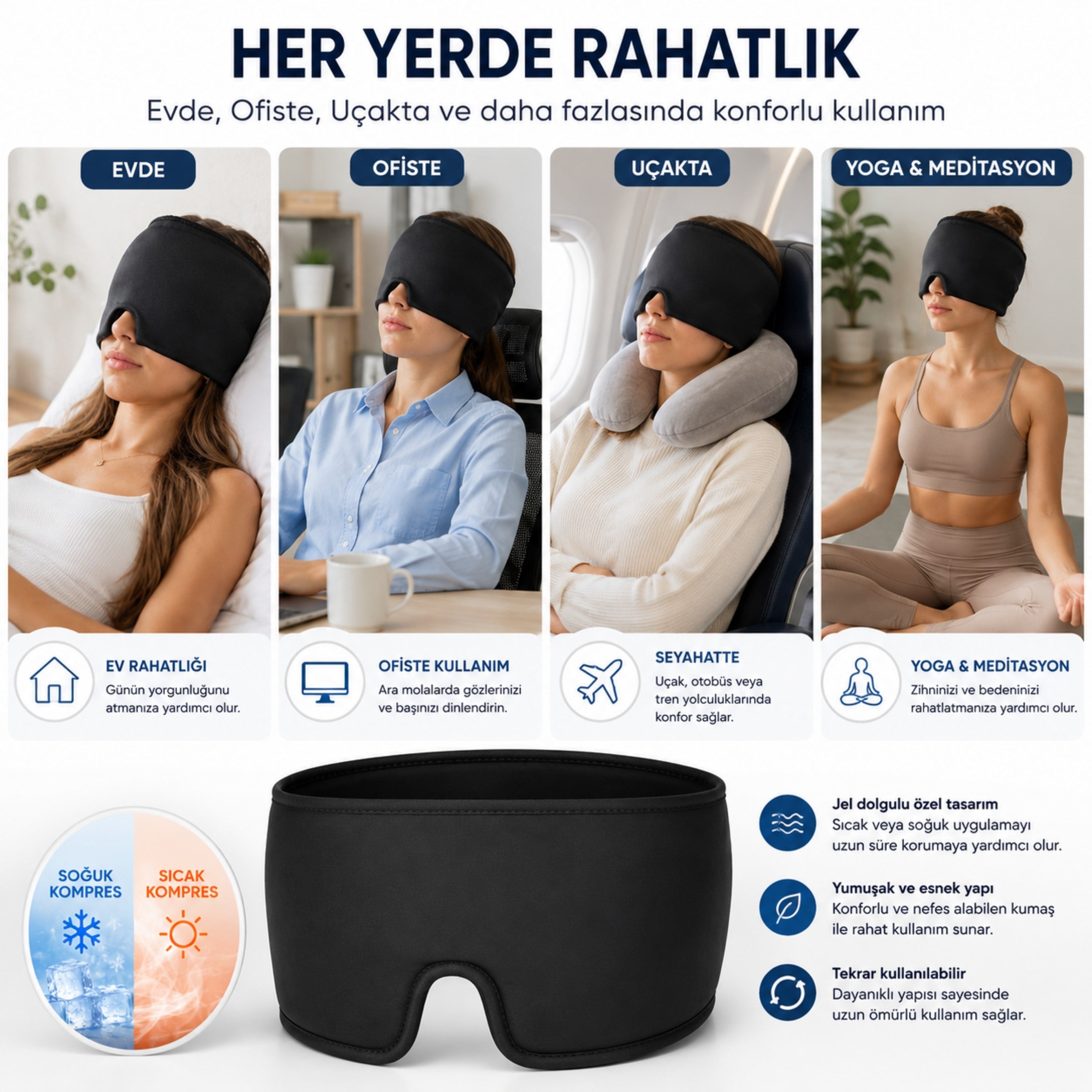 Migren Bandı Soğuk Sıcak Kompres Başlığı Baş Ağrısı Migren ve Göz Çevresi Kompresi İçin Tasarlanmış Jel Dolgulu 