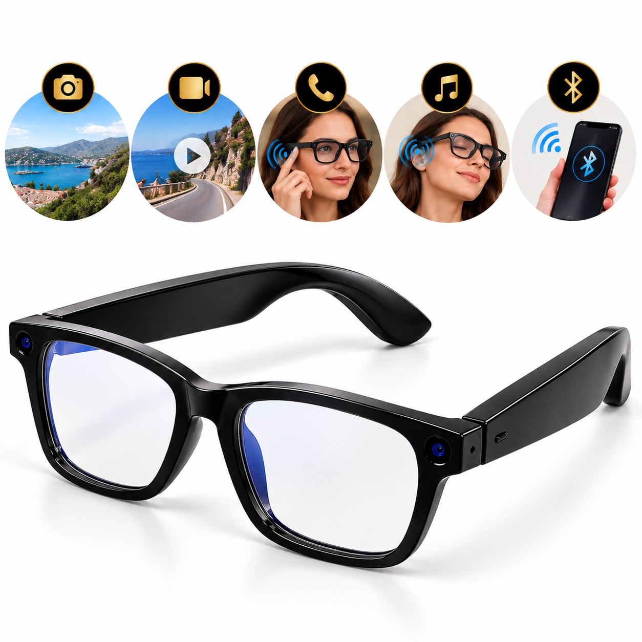 MT5 Ultra Akıllı Gözlük Kameralı Gözlük Fotoğraf Video Kayıt Bluetooth Telefon Görüşmesi Müzik Dinleme Mavi Işık Filtreli Lens Siyah Güneş Camı Şarj Kutulu
