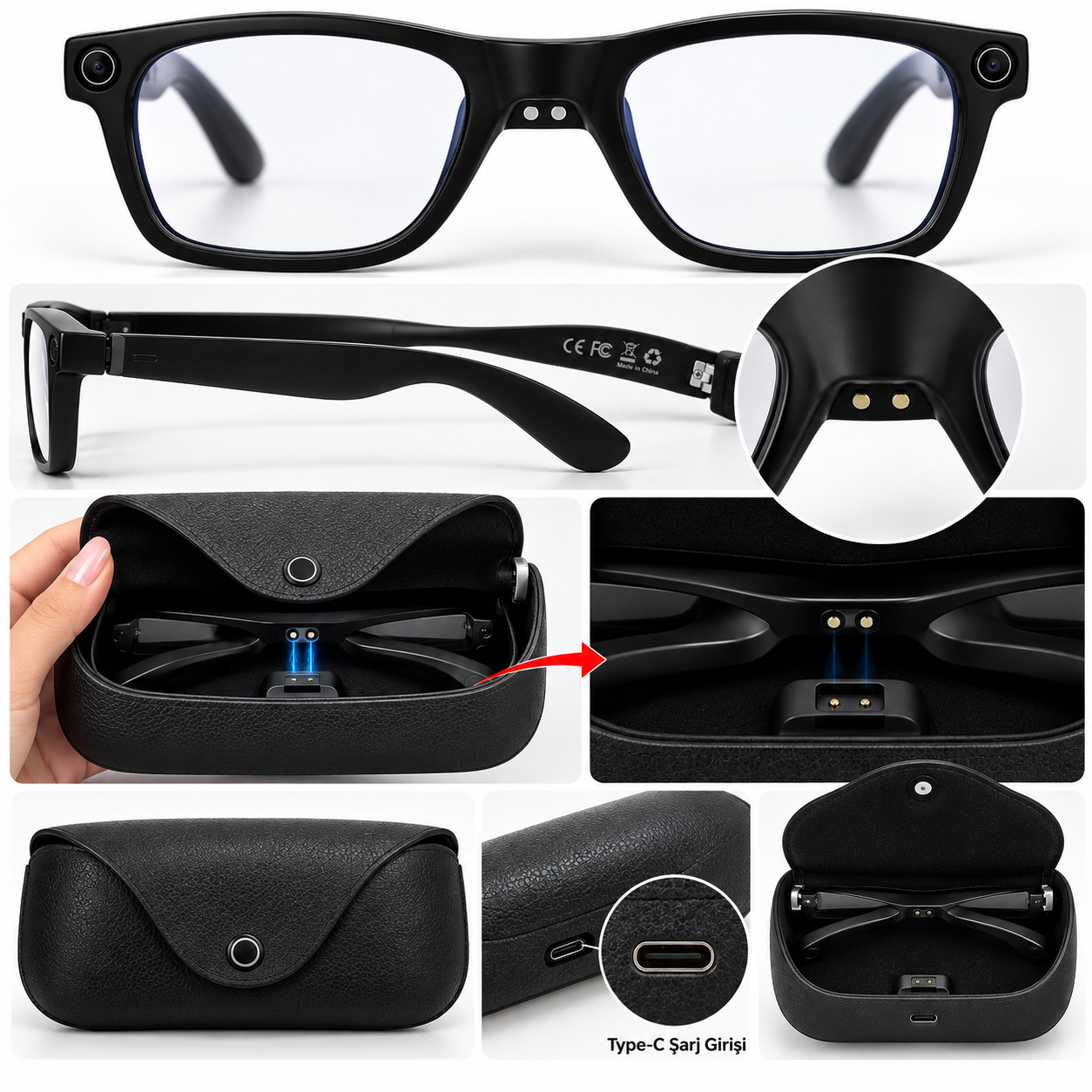MT5 Ultra Akıllı Gözlük Kameralı Gözlük Fotoğraf Video Kayıt Bluetooth Telefon Görüşmesi Müzik Dinleme Mavi Işık Filtreli Lens Siyah Güneş Camı Şarj Kutulu