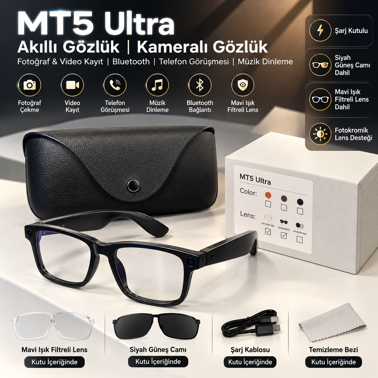 MT5 Ultra Akıllı Gözlük Kameralı Gözlük Fotoğraf Video Kayıt Bluetooth Telefon Görüşmesi Müzik Dinleme Mavi Işık Filtreli Lens Siyah Güneş Camı Şarj Kutulu