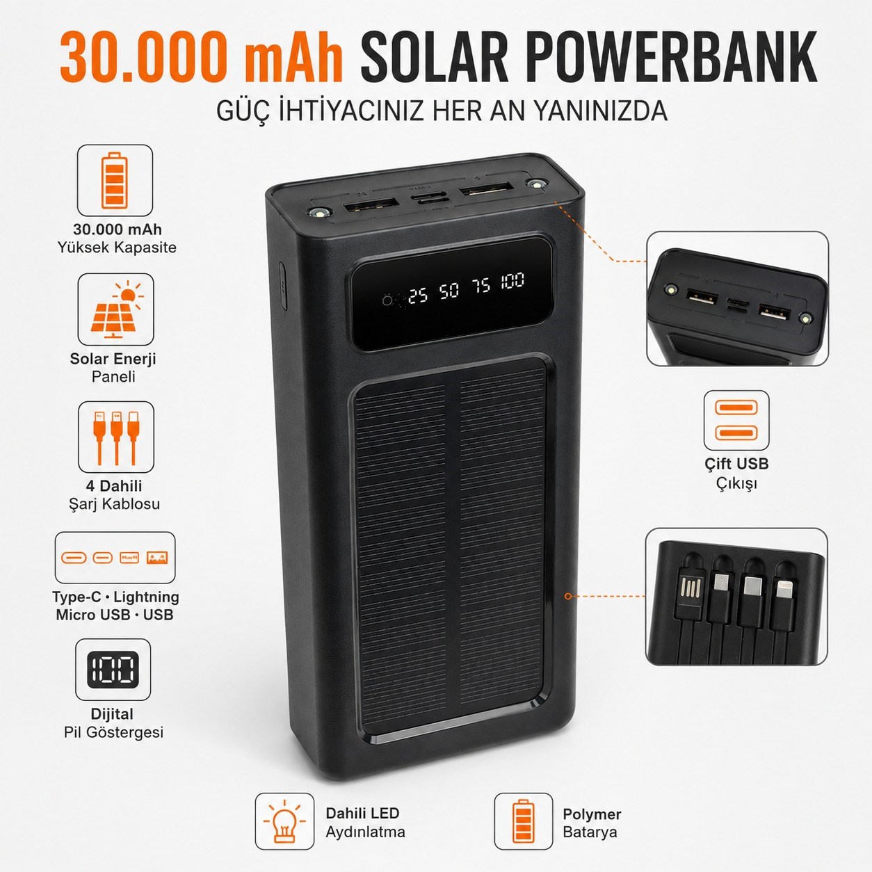 MU-01 30000 mAh Güneş Panelli Powerbank 4 Dahili Kablolu Dijital Göstergeli Çoklu Çıkışlı Taşınabilir Solar Şarj Cihazı