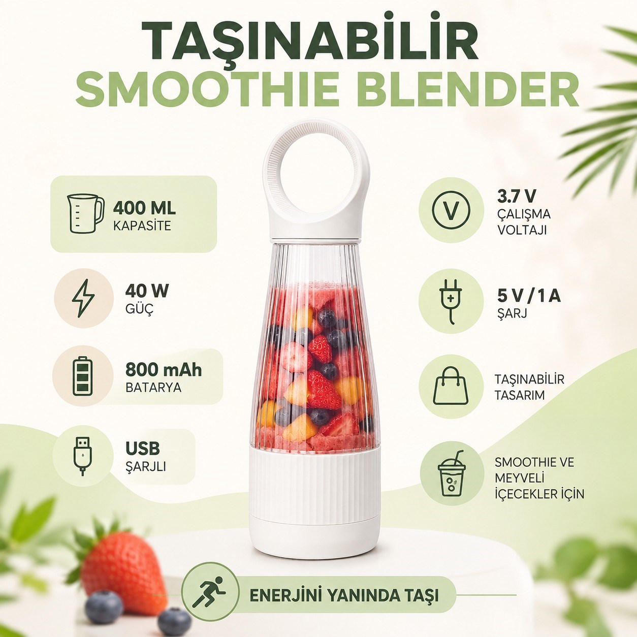 NRX-4335 400 ml 40W Şarjlı Taşınabilir Smoothie Blender 800 mAh Bataryalı USB Şarjlı Meyve ve İçecek Karıştırıcı