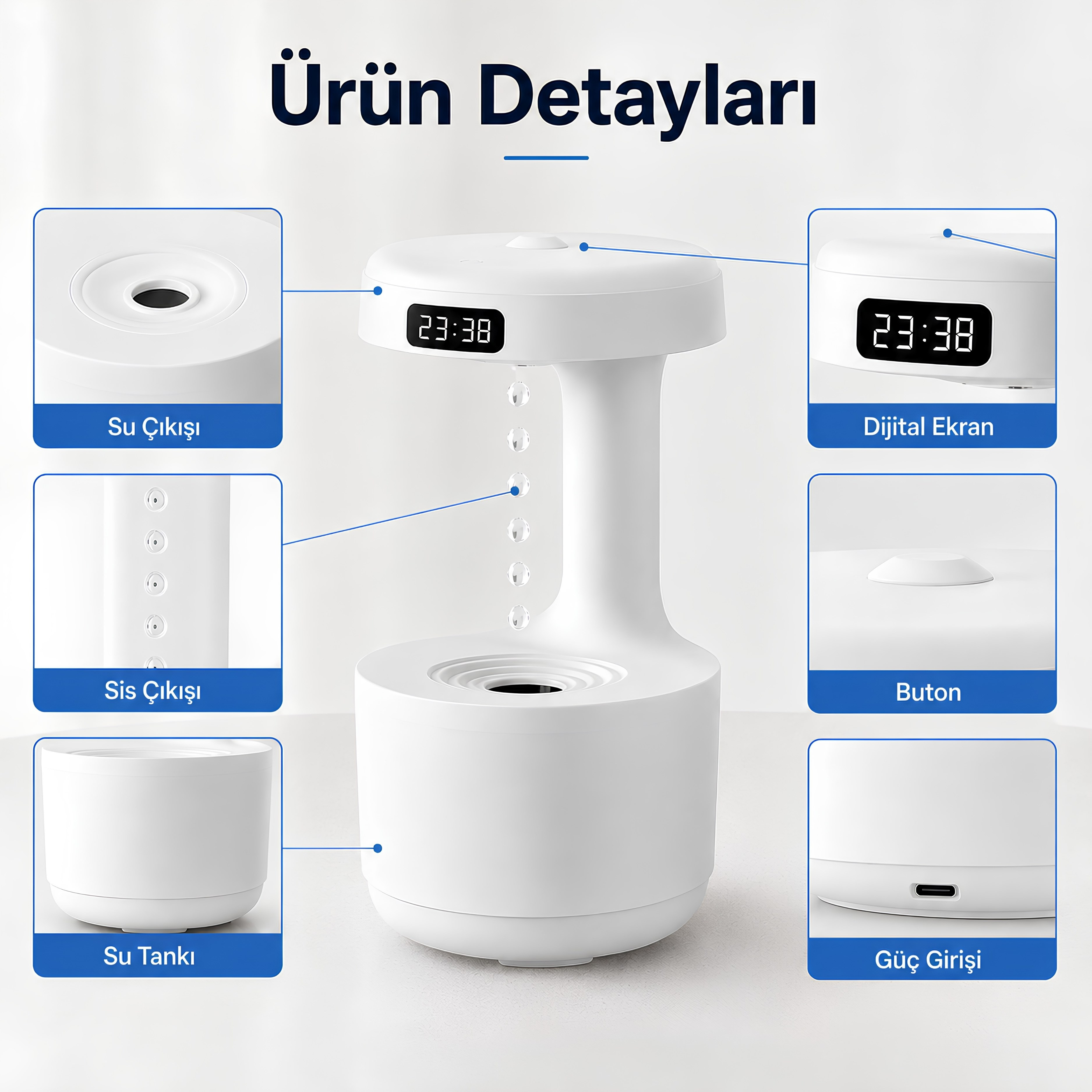 PDPG-599 Yağmur Damlası Efektli Aroma Difüzörü ve Hava Nemlendirici Dijital Saat Göstergeli Dekoratif Ortam Aydınlatmalı Buhar Makinesi