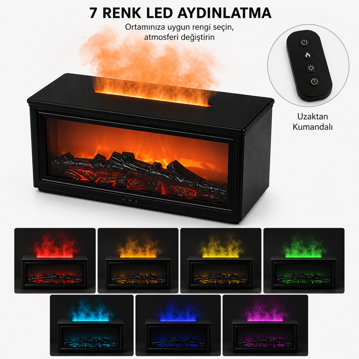 PDPG-A4 Şömine Görünümlü Aroma Difüzörü ve Hava Nemlendirici 280 ml 7 Renk LED Alev Efektli Uzaktan Kumandalı Zaman Ayarlı Kablolu Buhar Makinesi
