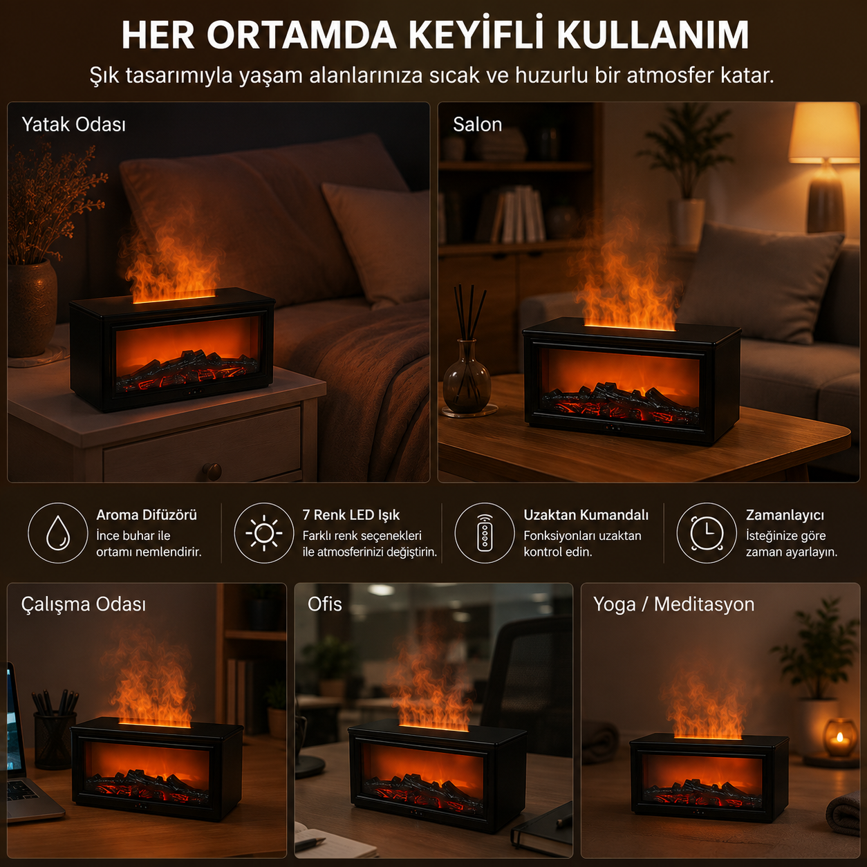 PDPG-A4 Şömine Görünümlü Aroma Difüzörü ve Hava Nemlendirici 280 ml 7 Renk LED Alev Efektli Uzaktan Kumandalı Zaman Ayarlı Kablolu Buhar Makinesi