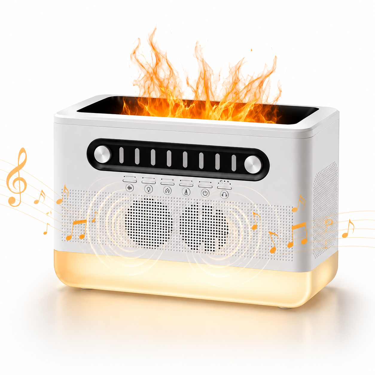 PDPG-FS301 Alev Efektli Aroma Difüzörü ve Kablosuz Hoparlör 7 Renk LED Gece Lambası Şarj Edilebilir Çok Fonksiyonlu Speaker Hava Nemlendirici