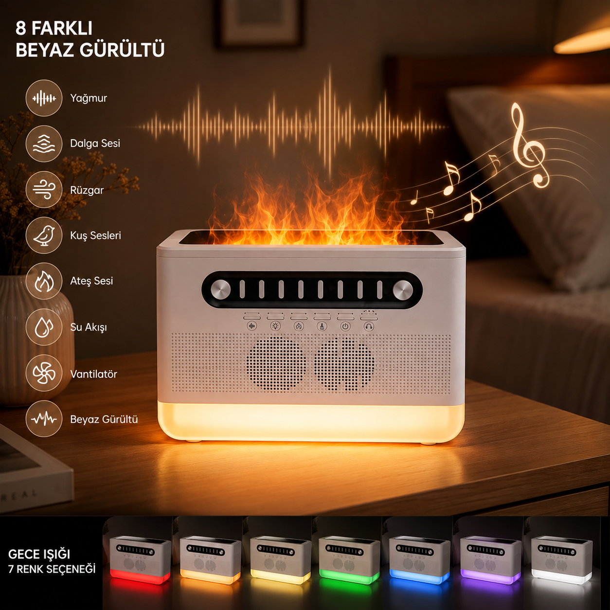 PDPG-FS301 Alev Efektli Aroma Difüzörü ve Kablosuz Hoparlör 7 Renk LED Gece Lambası Şarj Edilebilir Çok Fonksiyonlu Speaker Hava Nemlendirici