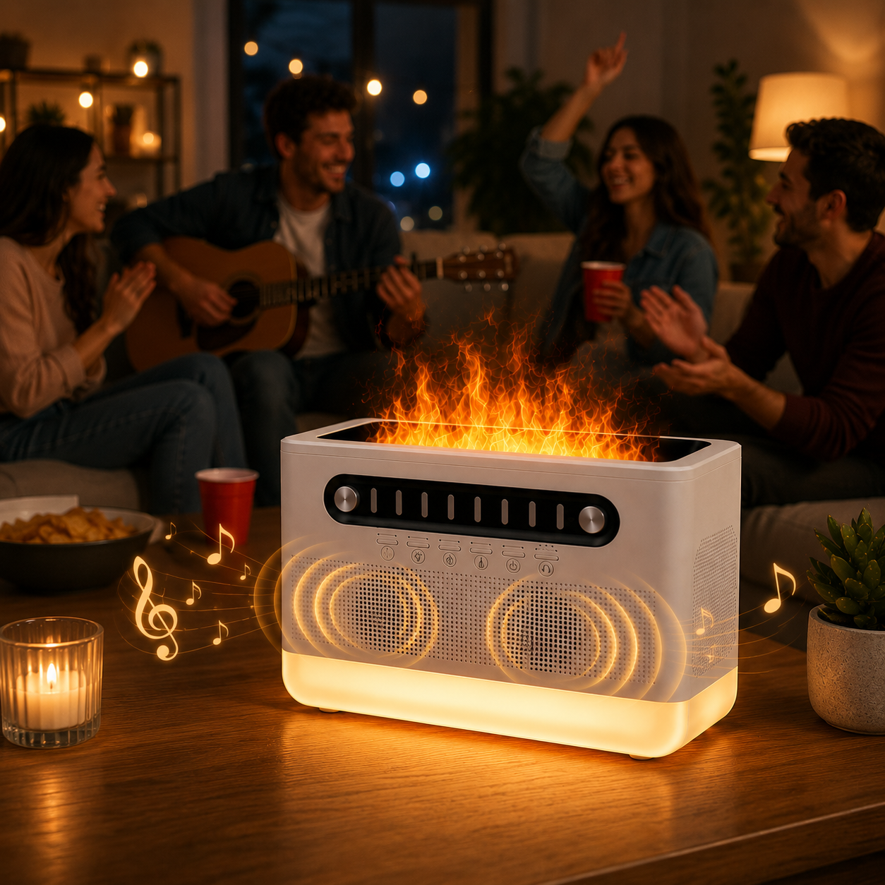 PDPG-FS301 Alev Efektli Aroma Difüzörü ve Kablosuz Hoparlör 7 Renk LED Gece Lambası Şarj Edilebilir Çok Fonksiyonlu Speaker Hava Nemlendirici