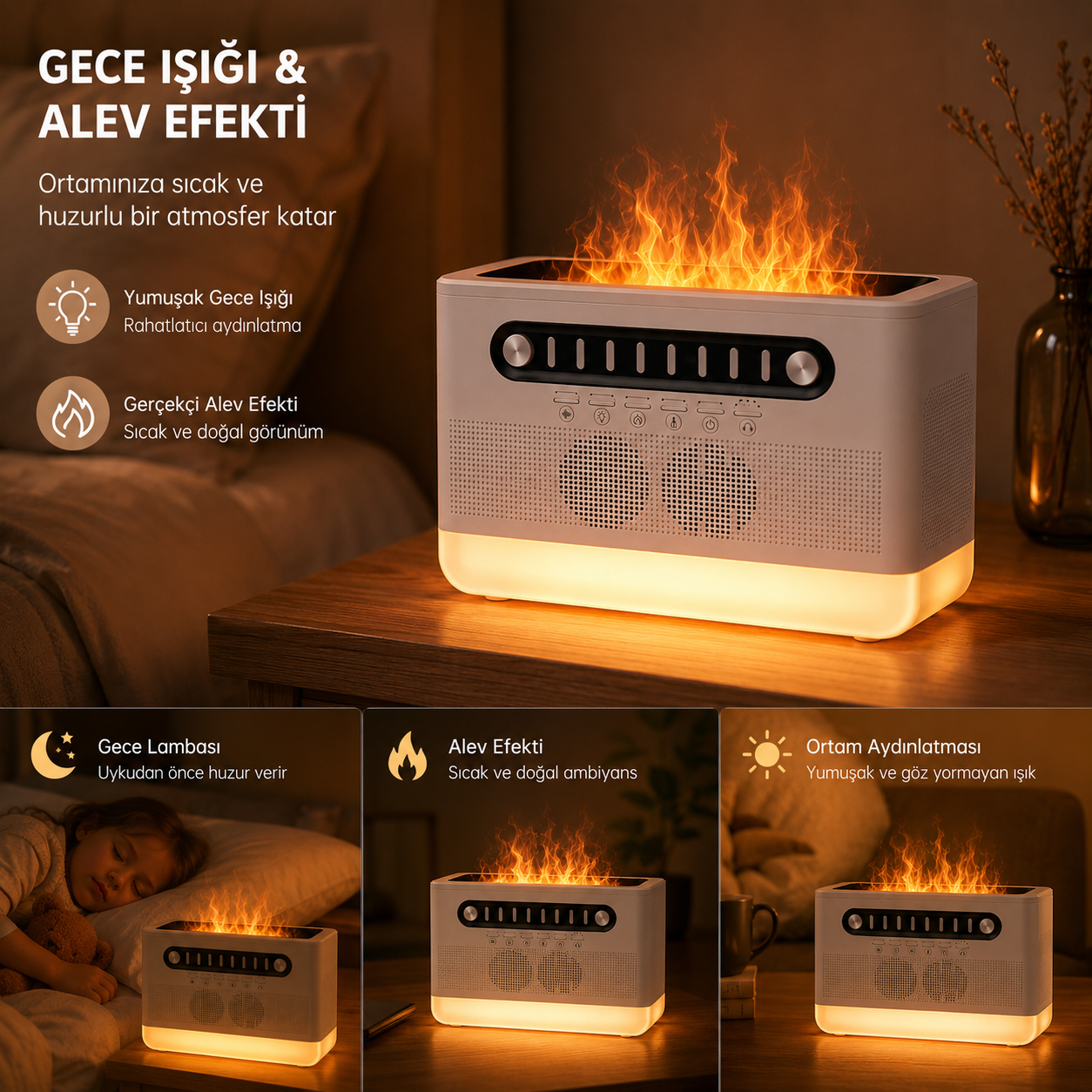 PDPG-FS301 Alev Efektli Aroma Difüzörü ve Kablosuz Hoparlör 7 Renk LED Gece Lambası Şarj Edilebilir Çok Fonksiyonlu Speaker Hava Nemlendirici