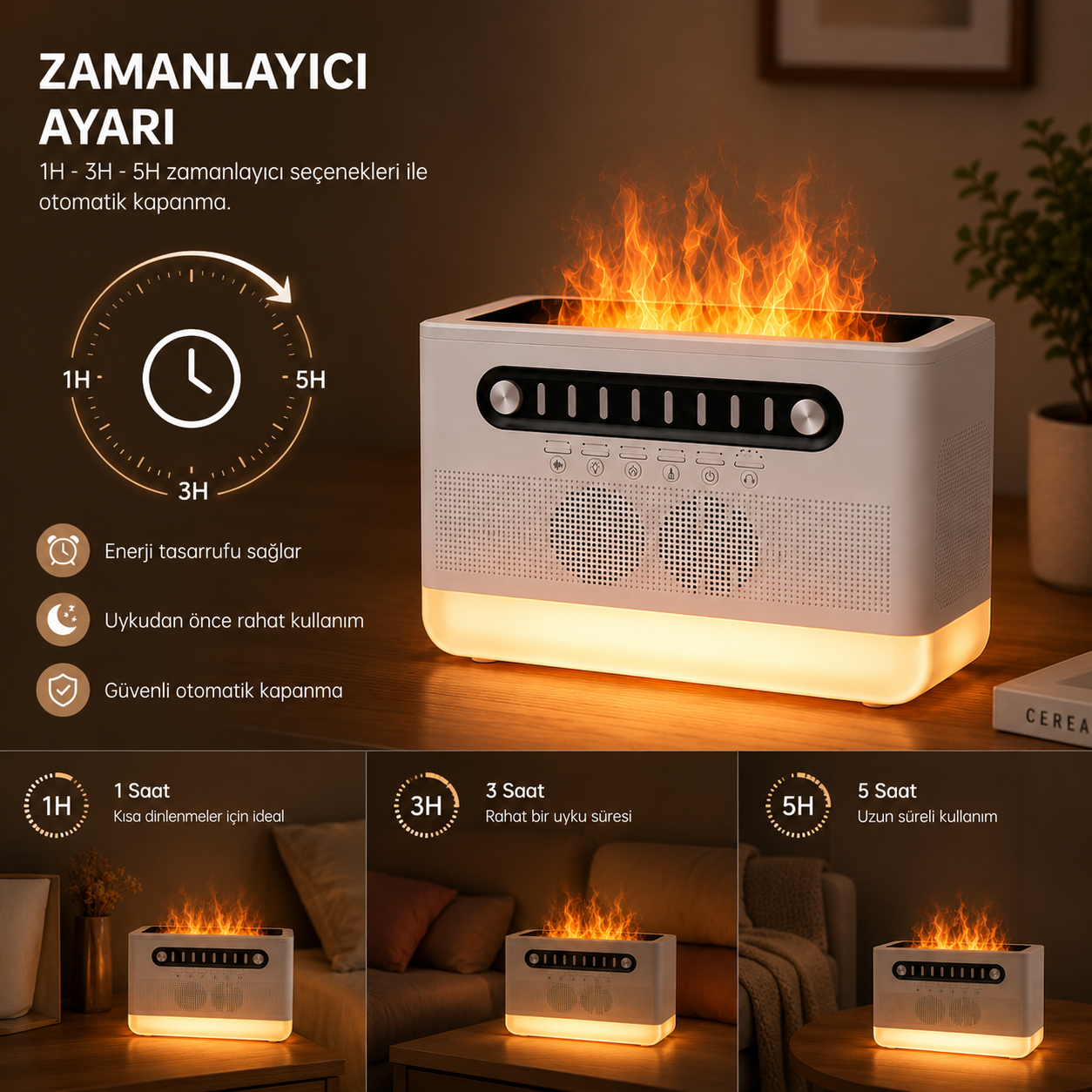 PDPG-FS301 Alev Efektli Aroma Difüzörü ve Kablosuz Hoparlör 7 Renk LED Gece Lambası Şarj Edilebilir Çok Fonksiyonlu Speaker Hava Nemlendirici