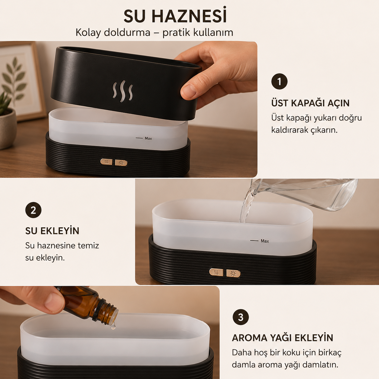 PDPG-SL169 Alev Efektli Ultrasonik Aroma Difüzörü ve Hava Nemlendirici LED Aydınlatmalı Su Hazneli Type C Masaüstü Buhar Makinesi