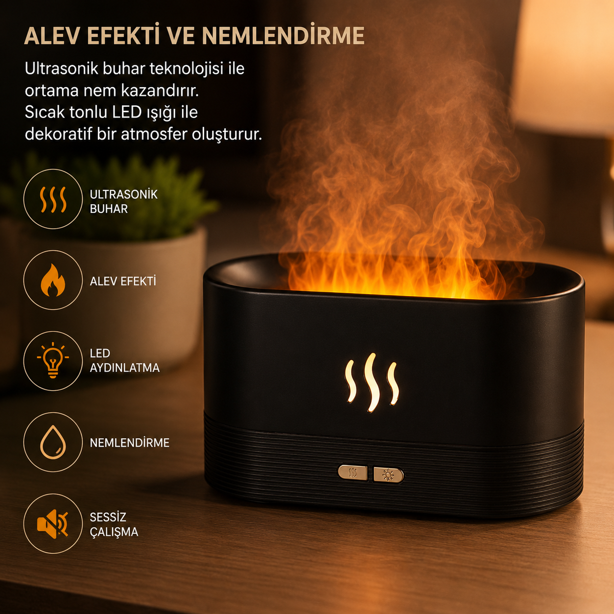 PDPG-SL169 Alev Efektli Ultrasonik Aroma Difüzörü ve Hava Nemlendirici LED Aydınlatmalı Su Hazneli Type C Masaüstü Buhar Makinesi