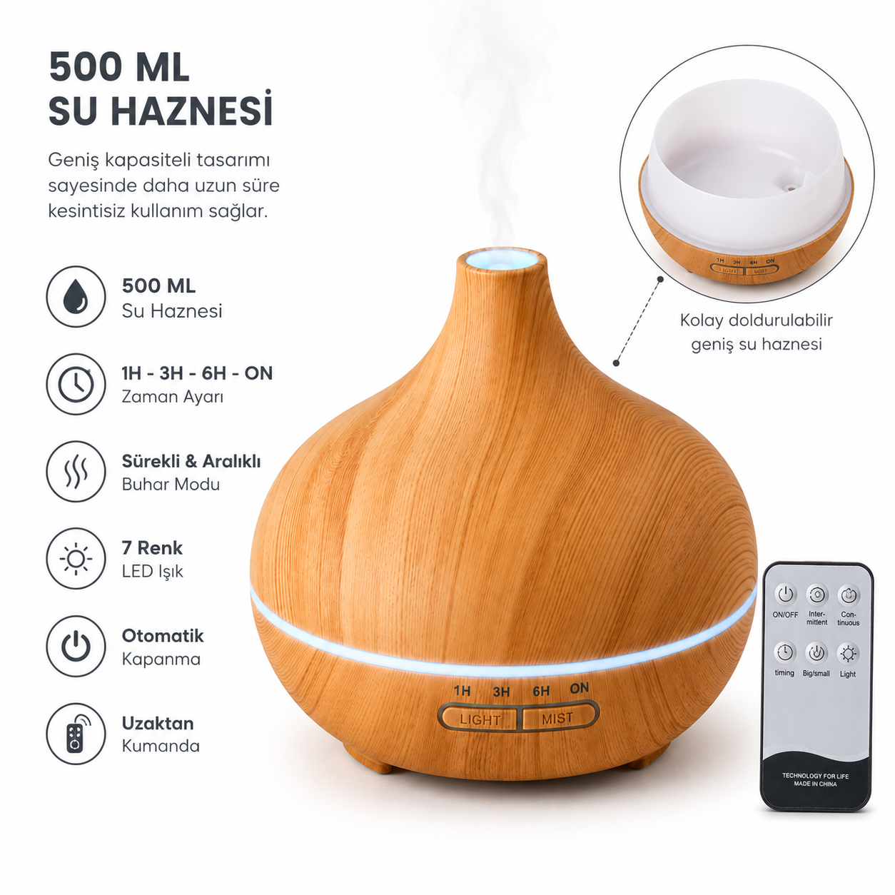 PDPG-SL400 500 ML Ultrasonik Aroma Difüzörü ve Hava Nemlendirici 7 Renk LED Işıklı Uzaktan Kumandalı Zaman Ayarlı Ahşap Görünümlü Aromaterapi Cihazı