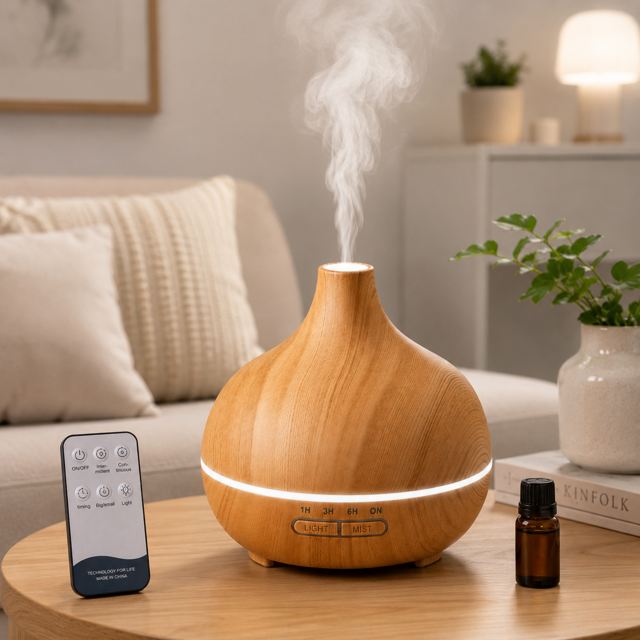 PDPG-SL400 500 ML Ultrasonik Aroma Difüzörü ve Hava Nemlendirici 7 Renk LED Işıklı Uzaktan Kumandalı Zaman Ayarlı Ahşap Görünümlü Aromaterapi Cihazı