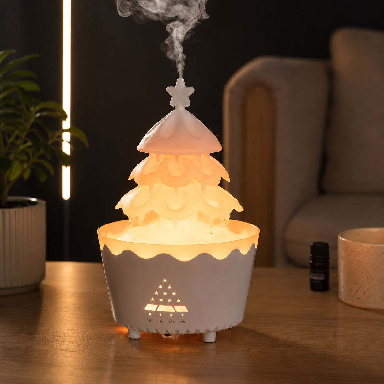 PDPG-V51 Renkli LED Işıklı Çam Ağacı Tasarımlı Aroma Difüzörü ve Hava Nemlendirici Buhar Makinesi Zaman Ayarlı Dekoratif Gece Lambası