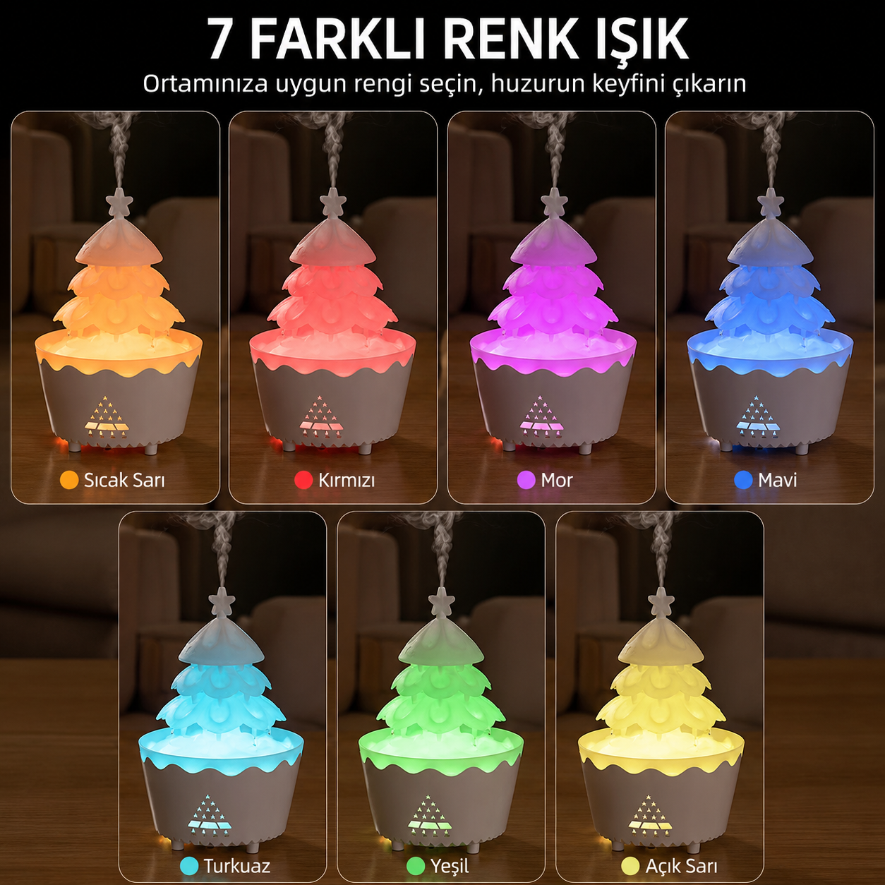 PDPG-V51 Renkli LED Işıklı Çam Ağacı Tasarımlı Aroma Difüzörü ve Hava Nemlendirici Buhar Makinesi Zaman Ayarlı Dekoratif Gece Lambası