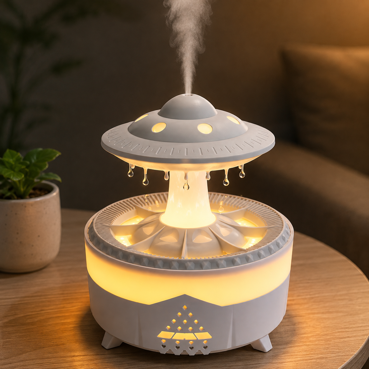 PDPG-V56 Ufo Tasarımlı Yağmur Damlacıklı Aroma Difüzörü Hava Nemlendirici LED Işıklı Buhar Makinesi Zaman Ayarlı Dekoratif Oda Nemlendirici