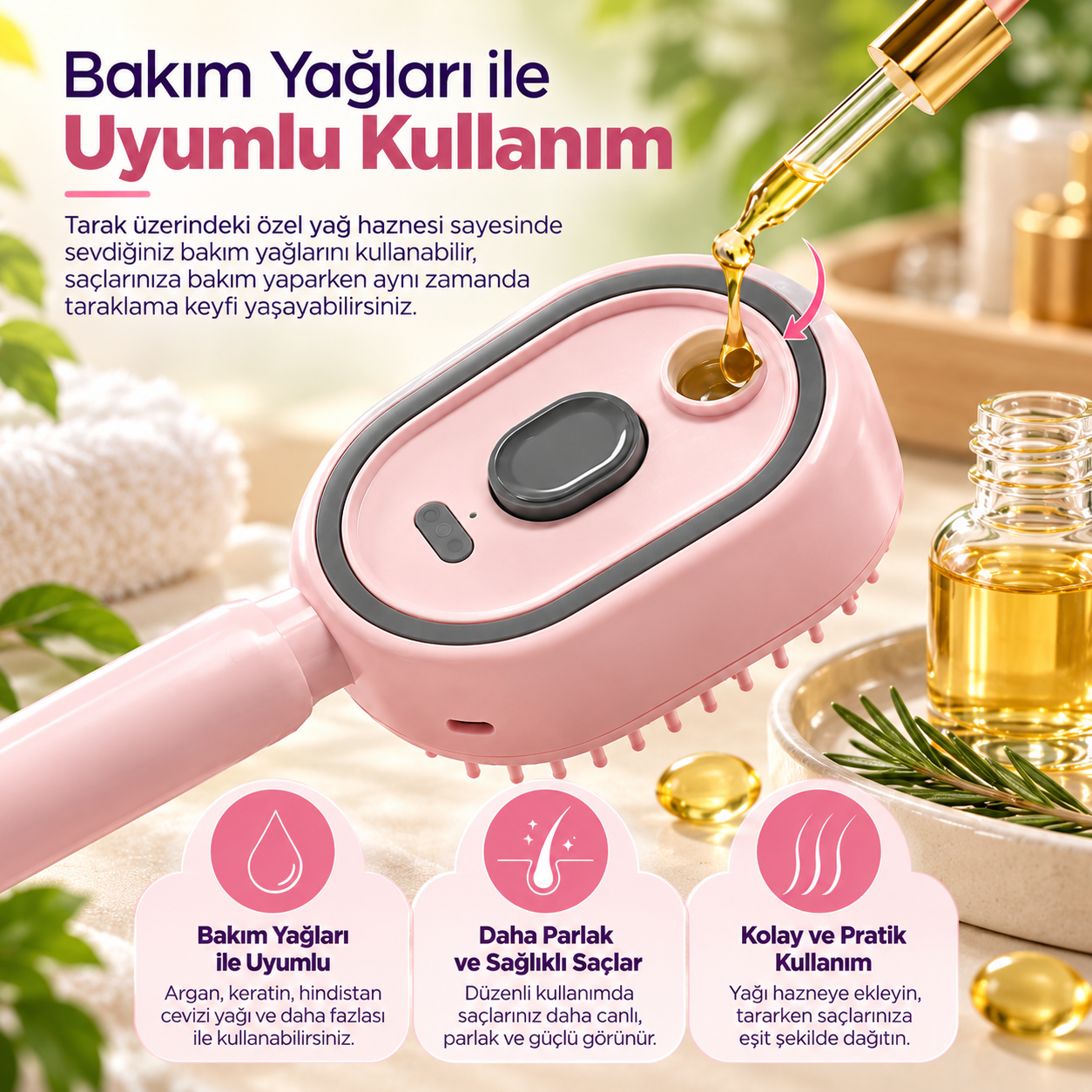 Pembe AMG51 Spreyli Elektrikli Saç Tarağı İnce Püskürtmeli Nemlendirici Saç Bakım Tarağı Hava Yastıklı Dolaşık Açıcı Şarjlı Anti Statik Saç Fırçası 
