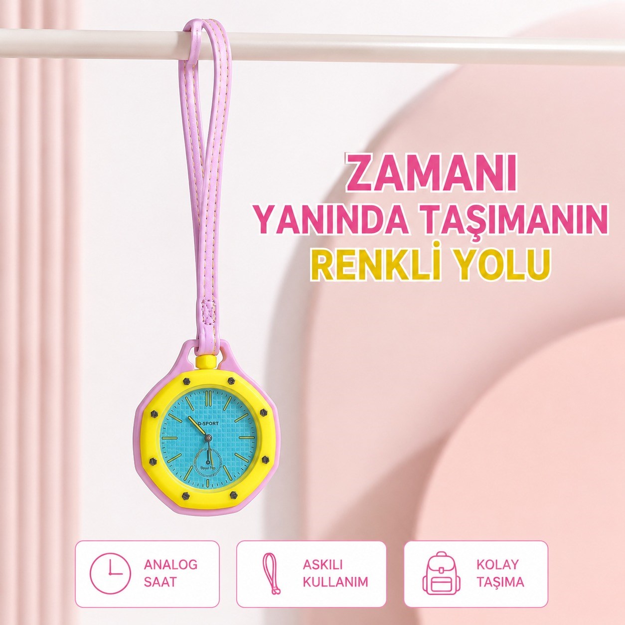 Pembe D-SPORT Askılı Analog Cep Saati Renkli Tasarım Uzun Kayışlı Taşınabilir Çanta Charm Askılı Kemer Anahtarlık Aksesuar Saati