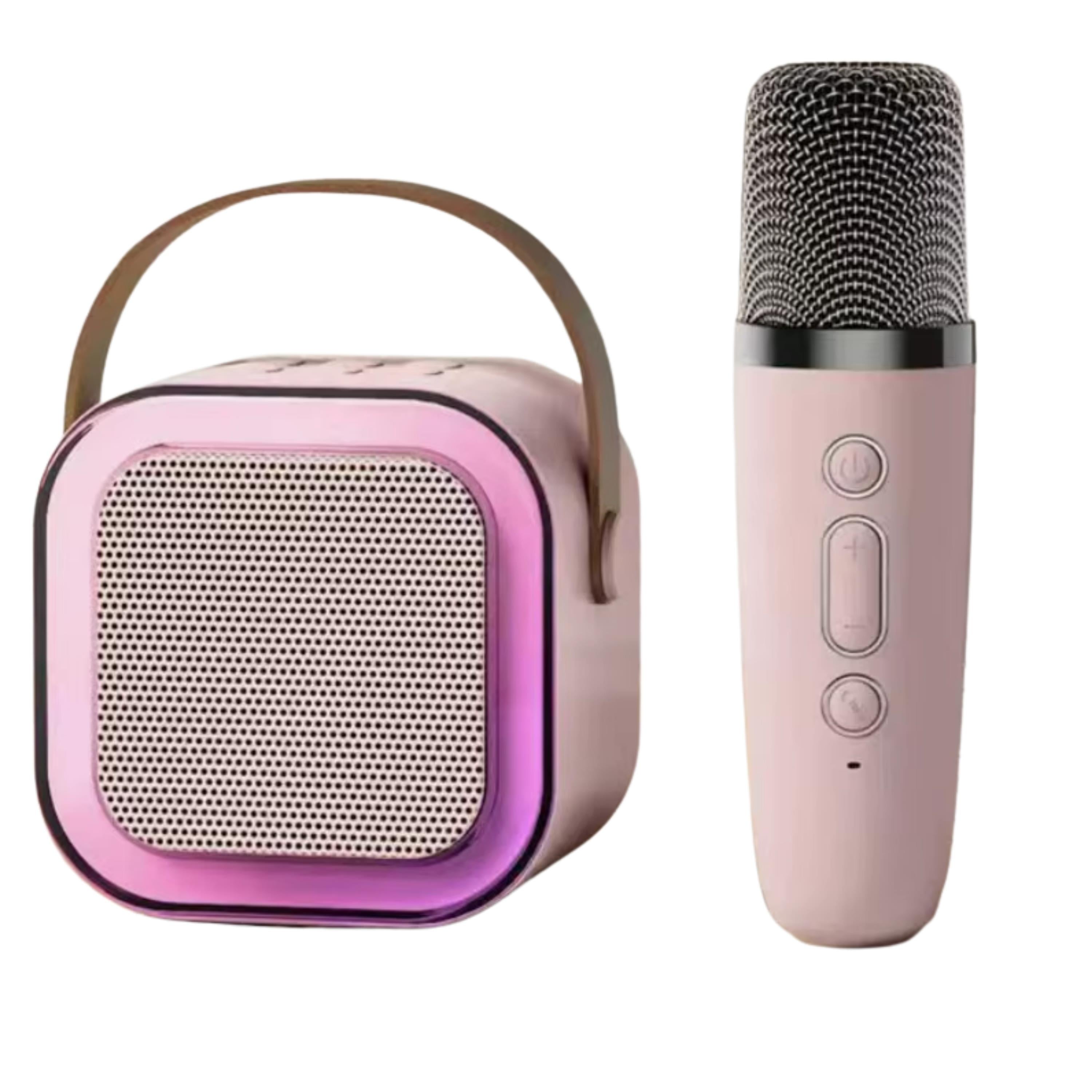 Pembe K12 Renkli Işıklı Karaoke Hoparlör Tek Mikrofonlu Taşınabilir Bluetooth Müzik Kutusu Led Efektli Kablosuz Şarjlı Speaker 