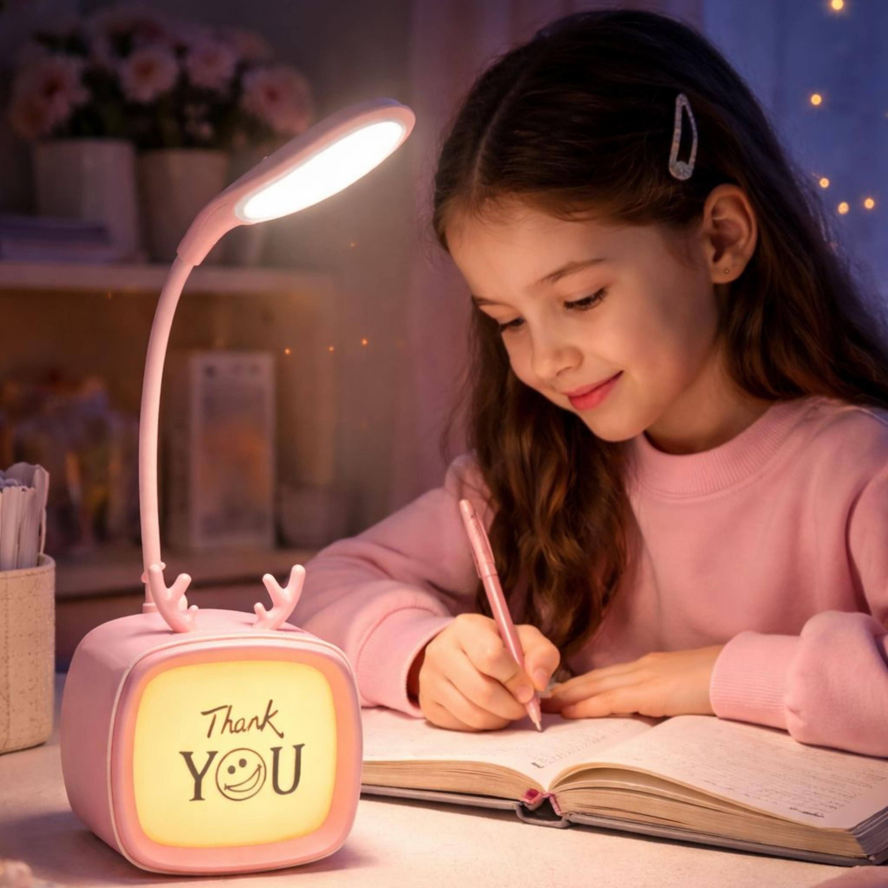 Pembe LD8804 Masa Lambası Şarjlı 3 Modlu 8 Led Işıklı Tv Tasarımlı Beyaz Işıklı Esnek Oynar Kollu Gece Lambası Thank You Yazılı 360 Derece Oynar 
