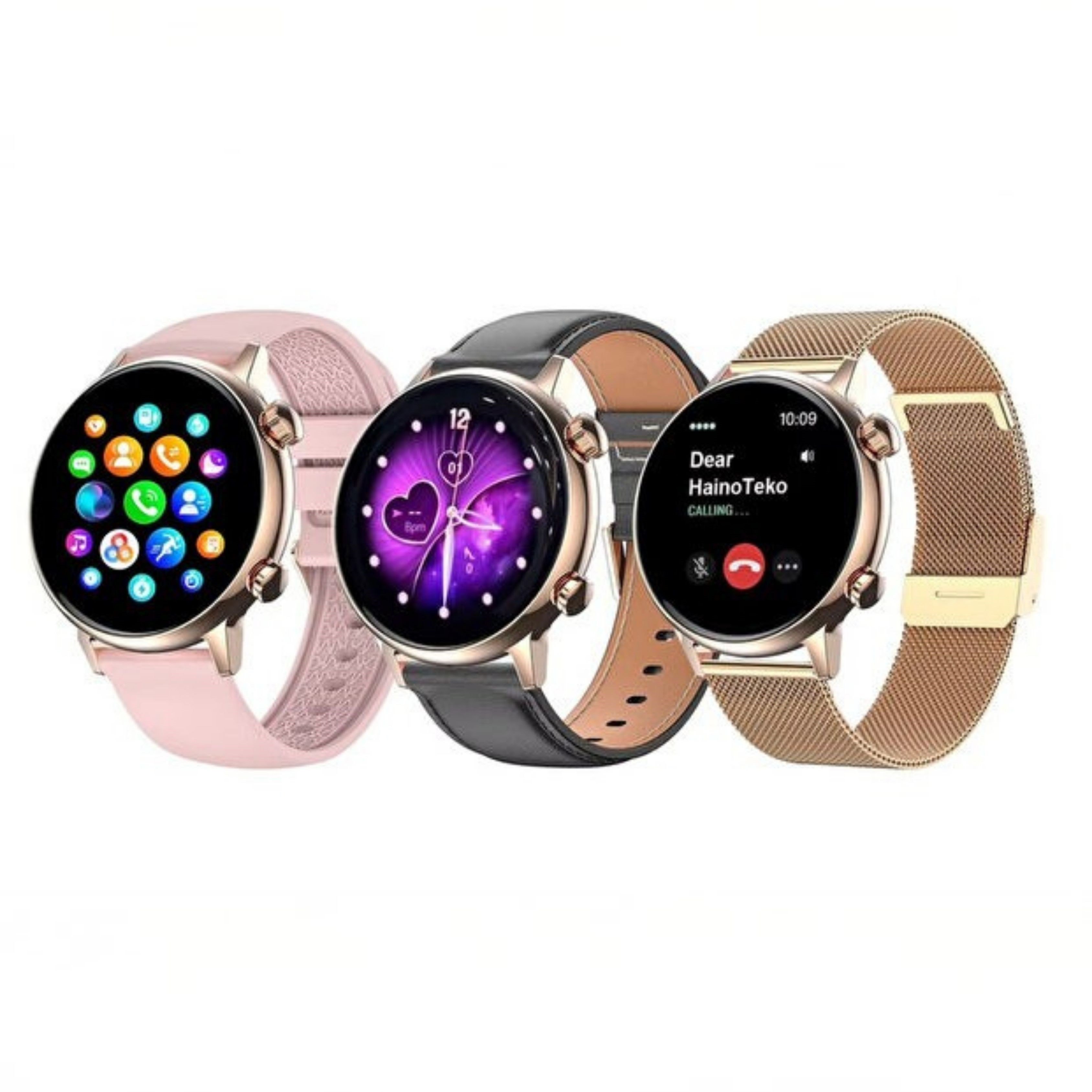 Pembe Teko24 Mini Kadın Akılılı Saat Amoled Ekran 7 Gün Şarj Süresi Bluetooth Arama Özellikli 3 Kordonlu Kadın Akıllı Saat Nabız Uyku Takibi Suya Dayanıklı