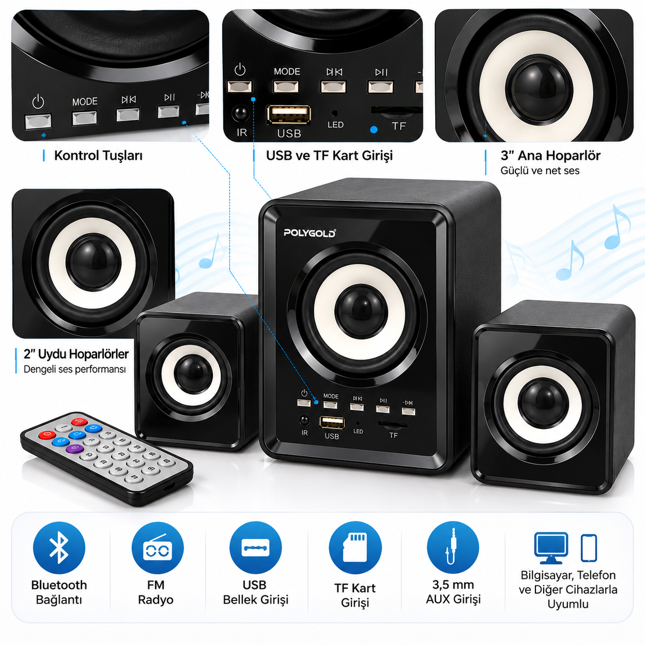 PG-202BT 2+1 Bluetooth Multimedia Bilgisayar Hoparlörü USB TF Kart FM Radyo Uzaktan Kumandalı 11W RMS Ses Sistemi