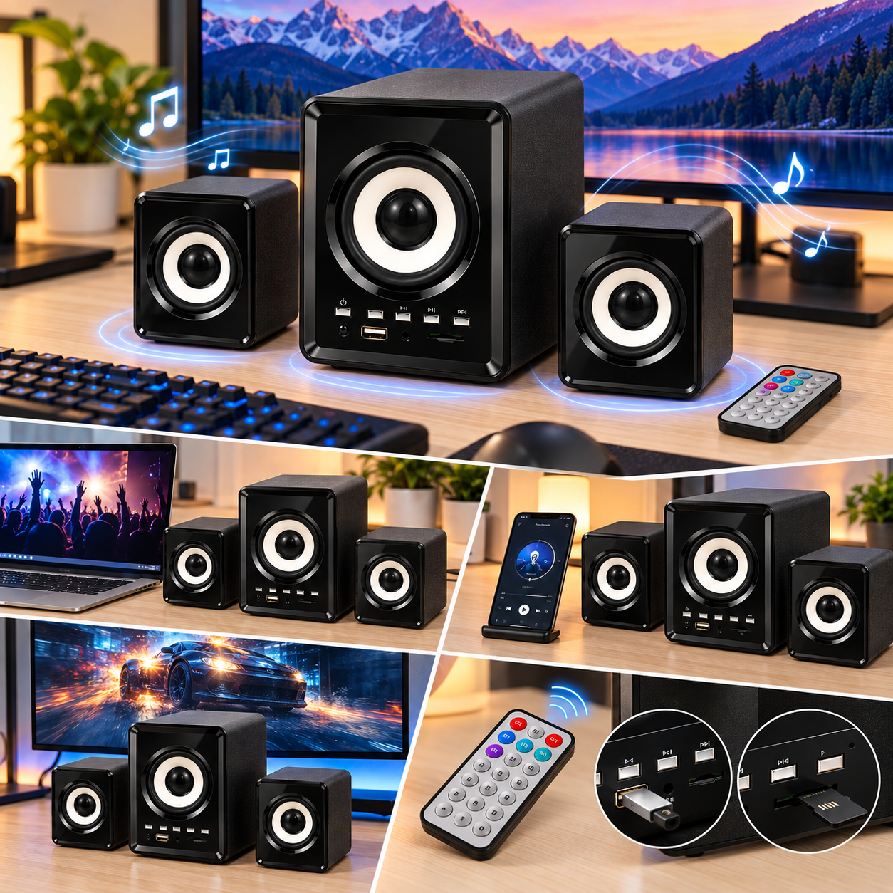 PG-202BT 2+1 Bluetooth Multimedia Bilgisayar Hoparlörü USB TF Kart FM Radyo Uzaktan Kumandalı 11W RMS Ses Sistemi