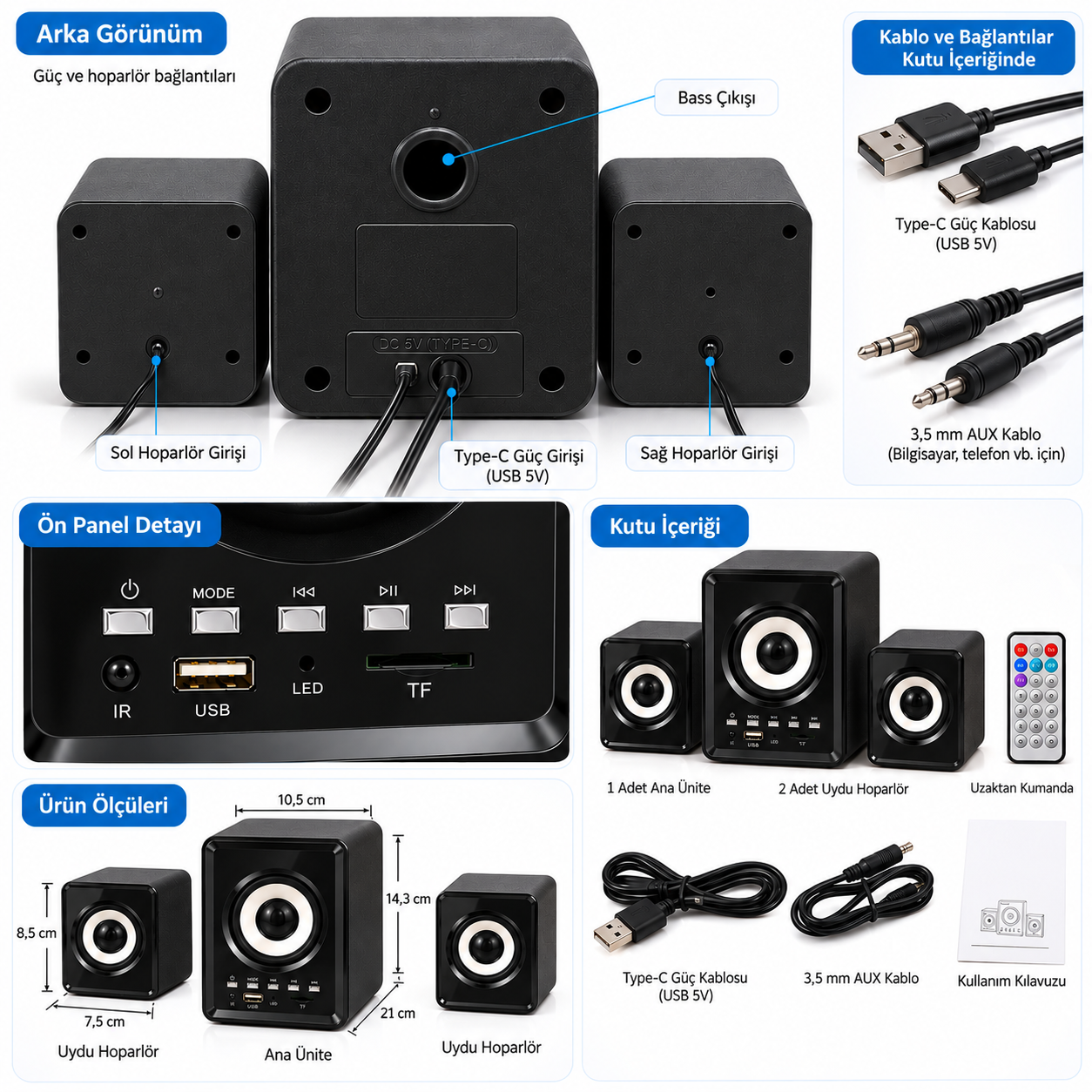 PG-202BT 2+1 Bluetooth Multimedia Bilgisayar Hoparlörü USB TF Kart FM Radyo Uzaktan Kumandalı 11W RMS Ses Sistemi