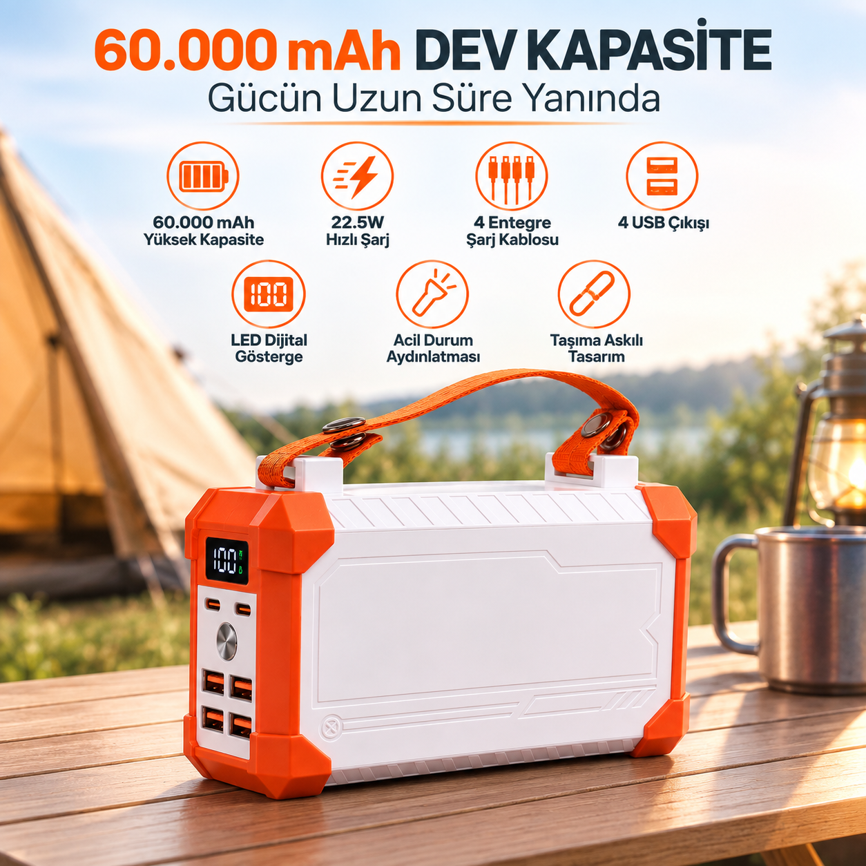 PG-PW860 60000 mAh Powerbank 22.5W Hızlı Şarj 4 Entegre Kablolu LED Dijital Göstergeli 4 USB Çıkışlı Taşınabilir Güç Bankası