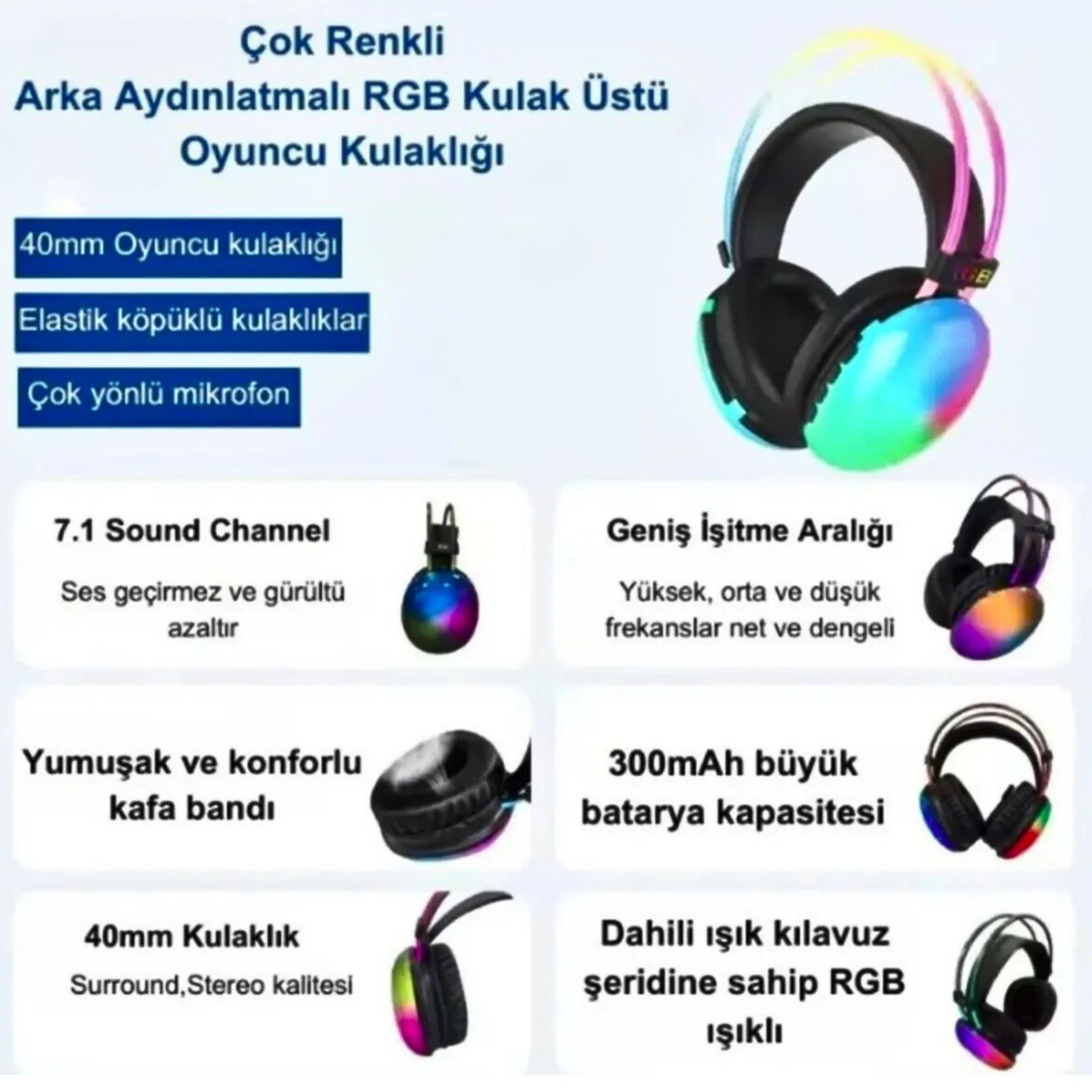 PG580 Oyuncu Kulaklığı RGB Işıklı Kablosuz Kulak Üstü Bluetooth Kulaklık Beyaz