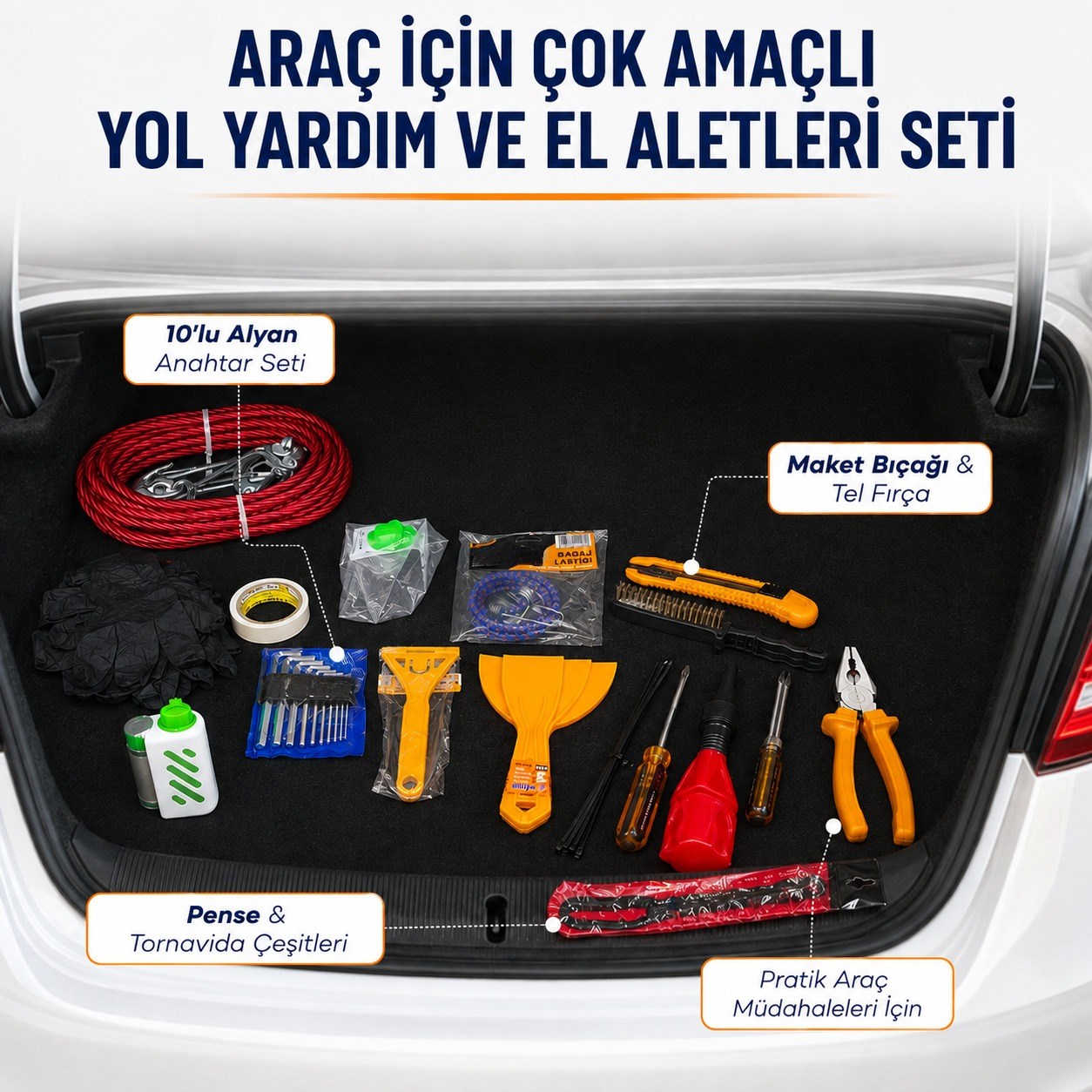 Profesyonel 27 Parça Çok Amaçlı Oto Acil Durum Seti Araç İçi Yol Yardım Tamir Bakım ve Güvenlik Ekipmanları Taşınabilir Çantalı Set