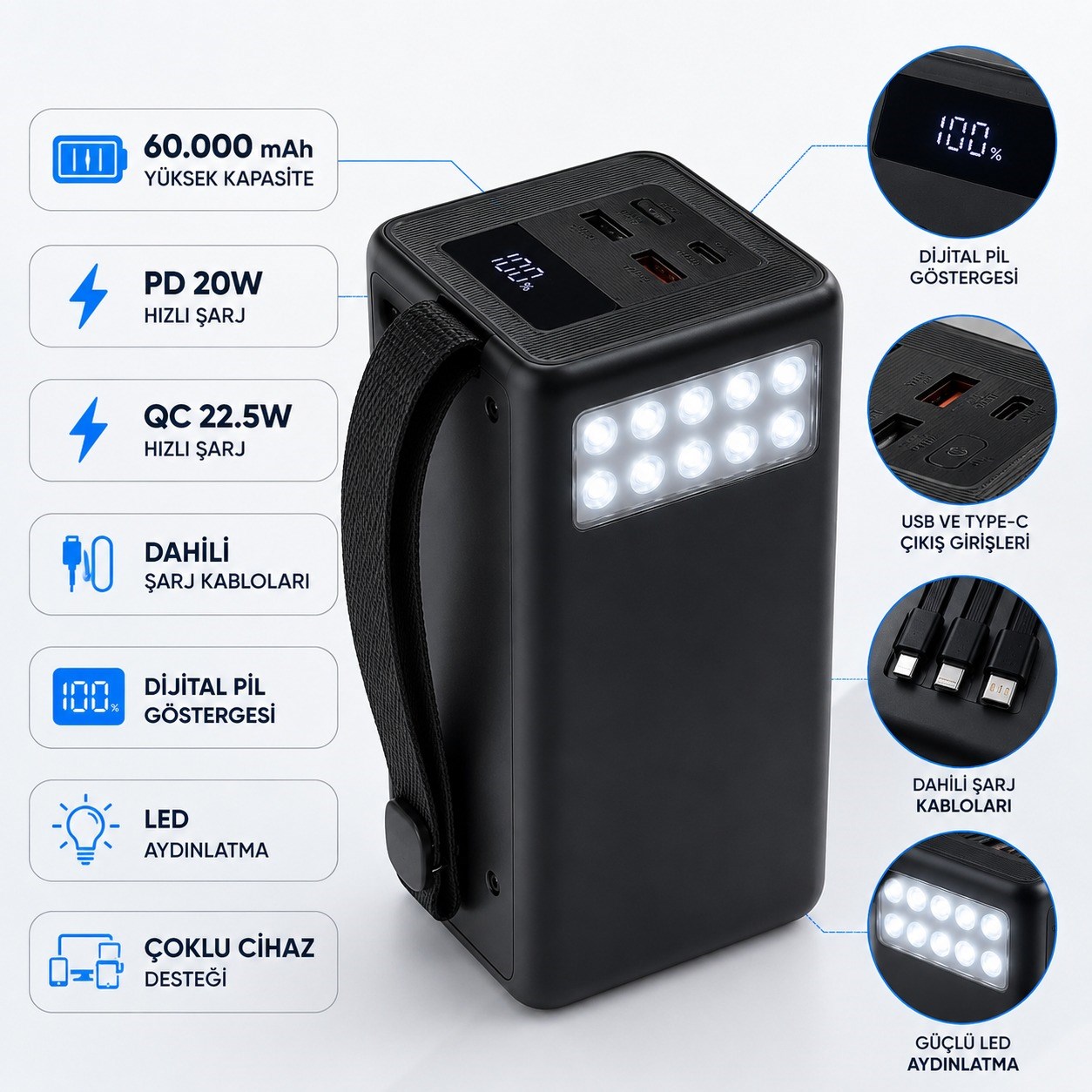 PW-151 60000 mAh Powerbank 20W PD 22.5W QC Dijital Göstergeli Dahili Kablolu LED Fenerli 4 Cihaz Destekli Taşınabilir Şarj Cihazı