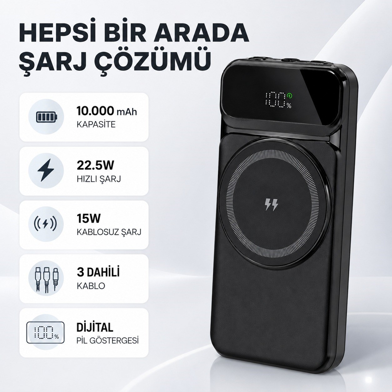 PW10 10.000 mAh Manyetik Kablosuz Powerbank 15W Kablosuz Şarj Dahili Çoklu Kablolu Dijital Ekranlı Taşınabilir Hızlı Şarj Cihazı Magsafe Powerbank
