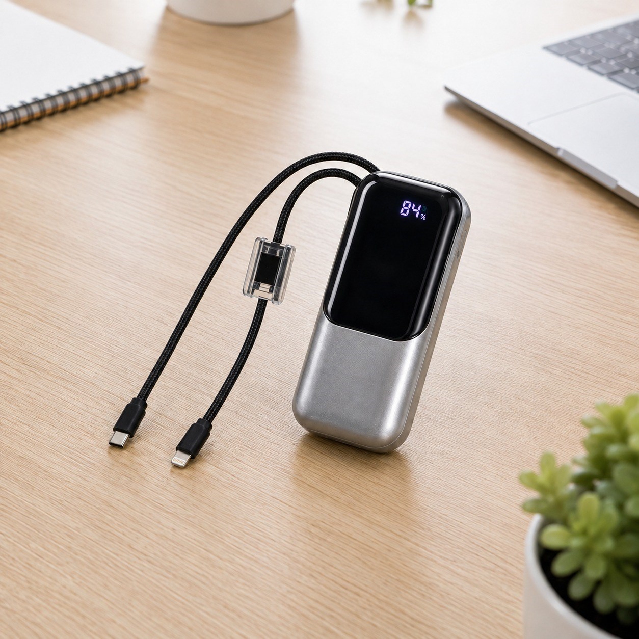 PW592 13000 mAh 22.5W Dijital Göstergeli Dahili Type-C ve Lightning Kablolu Taşınabilir Powerbank Çoklu Çıkışlı Şarj Cihazı