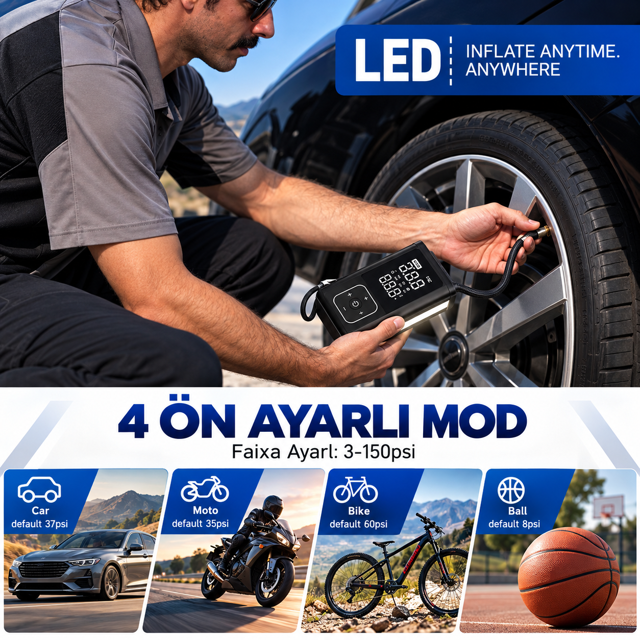 PW9080 5'i 1 Arada 10000 mAh Akü Takviye Cihazı 150 PSI Dijital Lastik Şişirme Pompası Taşınabilir Hava Kompresörü Powerbank LED Fener