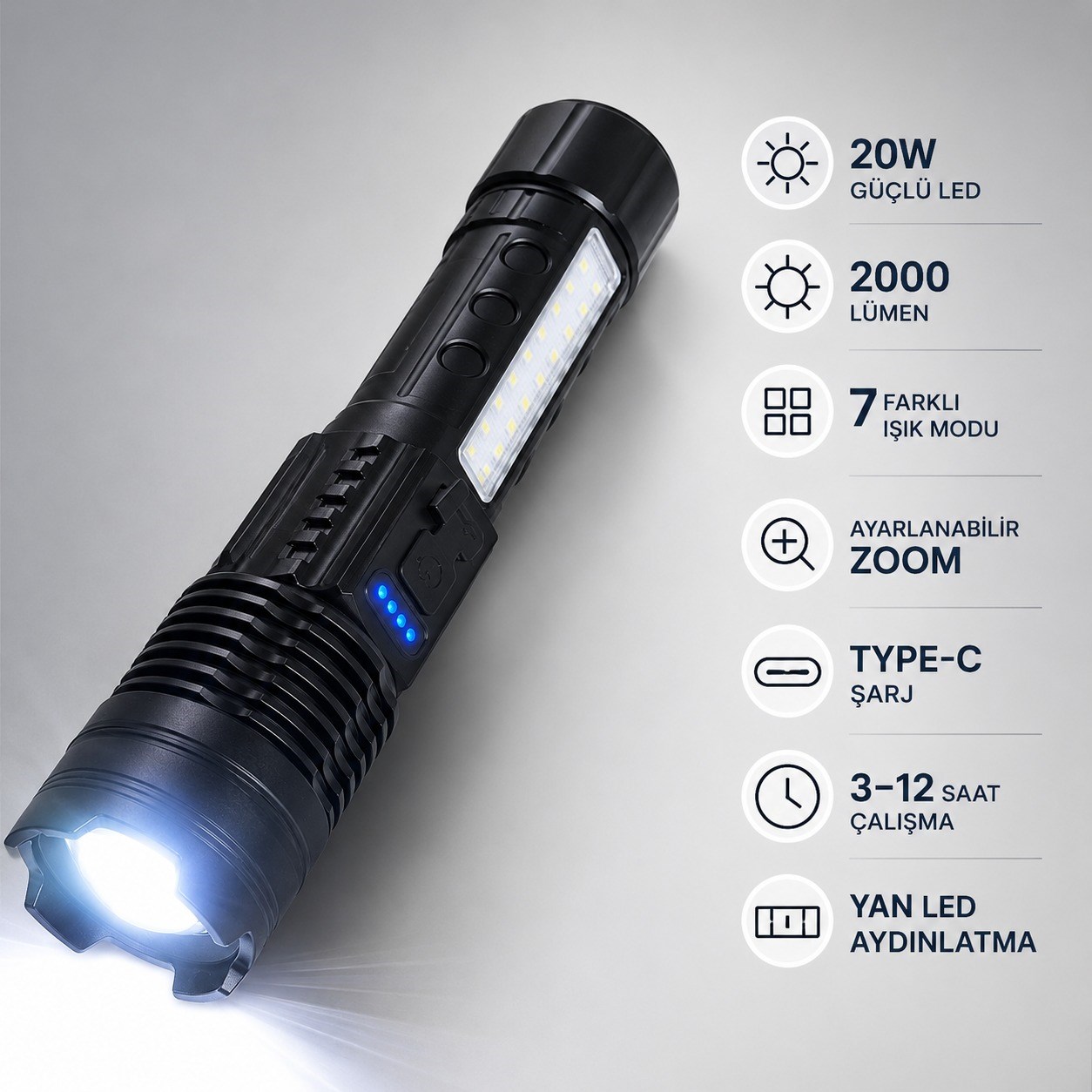 Q-MAX PS-2700 Şarjlı LED El Feneri 2000 Lümen 20W Güçlü Aydınlatma 7 Işık Modlu Ayarlanabilir Zoom Yan LED Type-C Şarjlı Kamp ve Acil Durum Feneri