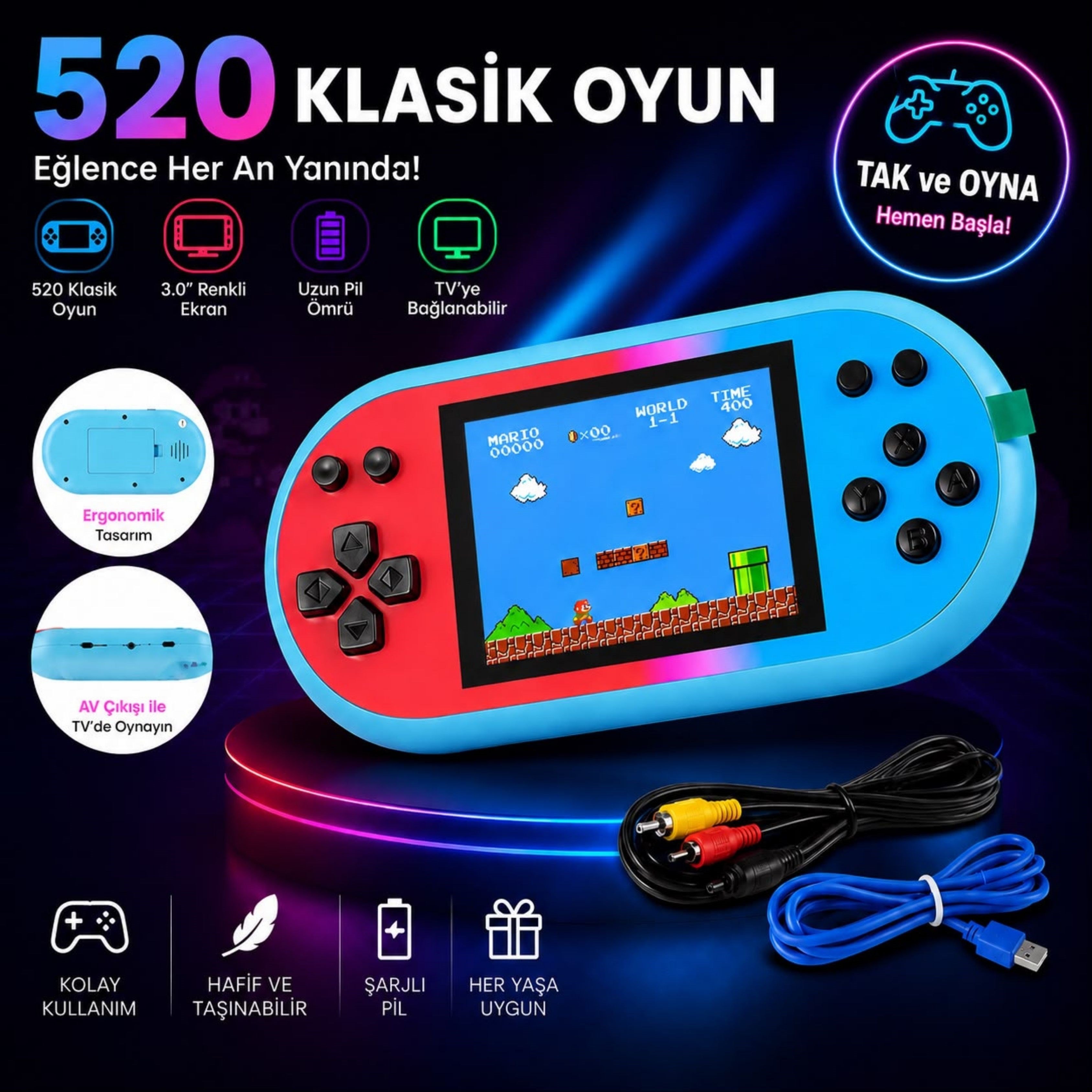 Q8 Plus Atari 520 Oyunlu Taşınabilir Retro Oyun Konsolu 3 İnç Hd Lcd Ekran Tv Bağlantılı Şarjlı El Oyun Konsolu Uzun Şarj Süreli 