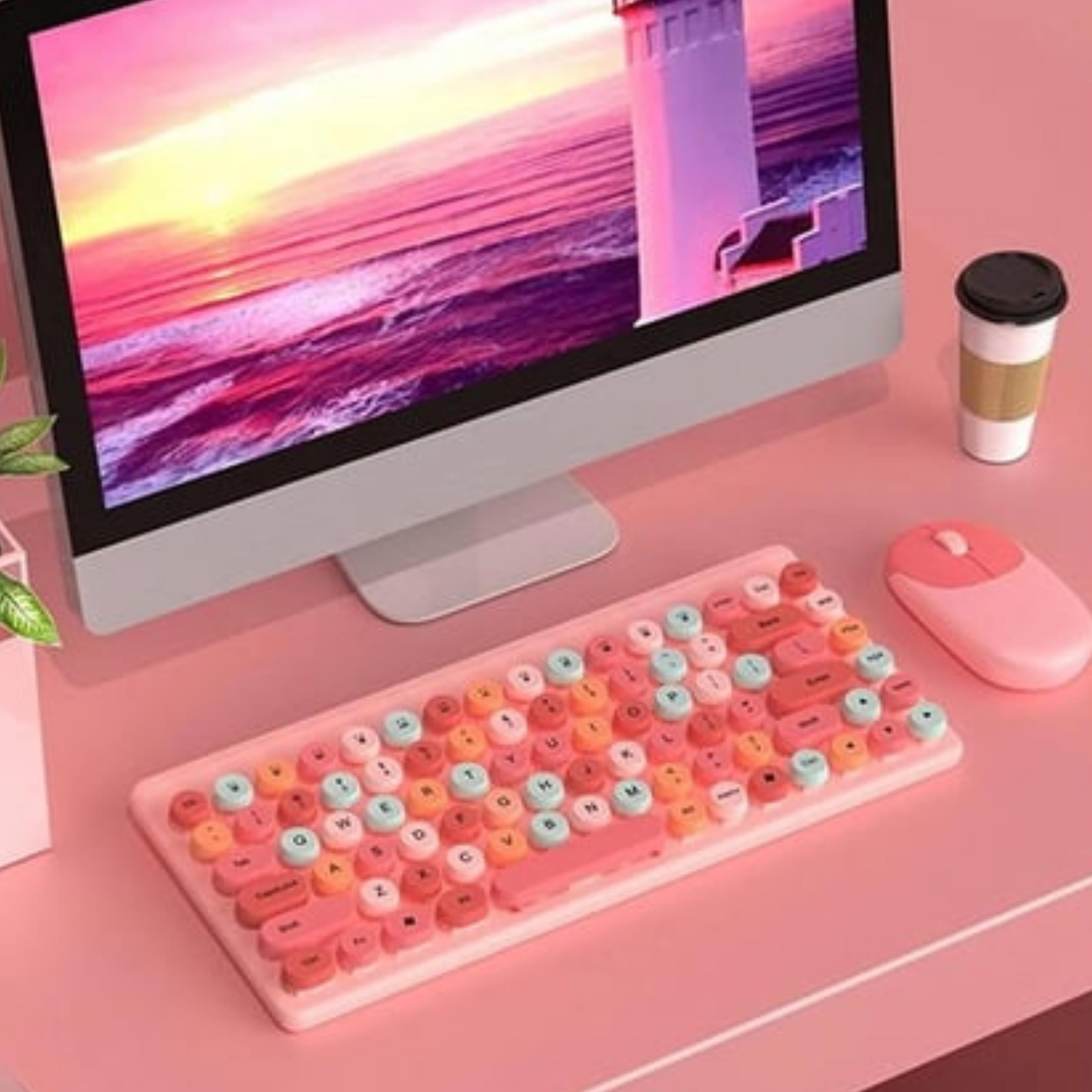 QW02 Pembe Kablosuz Klavye Ve Mouse Seti 86 Tuş Renkli Görünümlü Retro Klavye Fare