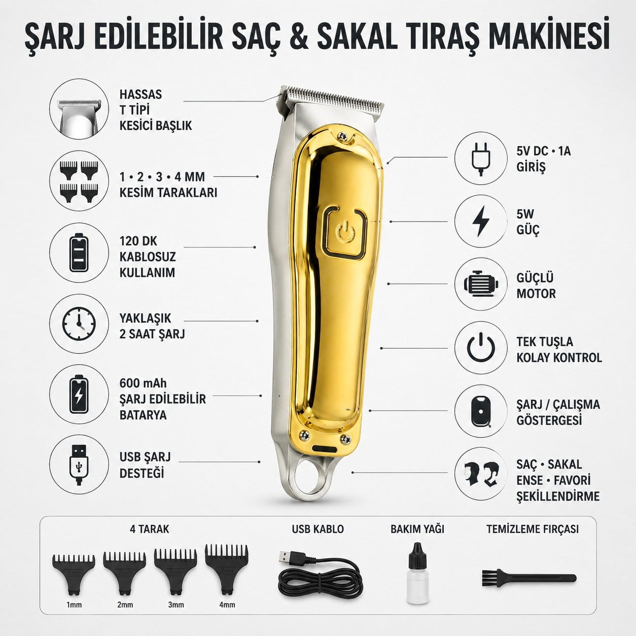 RD-3638 Şarj Edilebilir Profesyonel Saç Sakal Tıraş Makinesi T Bıçaklı USB Şarjlı 3 Taraklı Kablolu ve Kablosuz Kullanım Traş Makinesi
