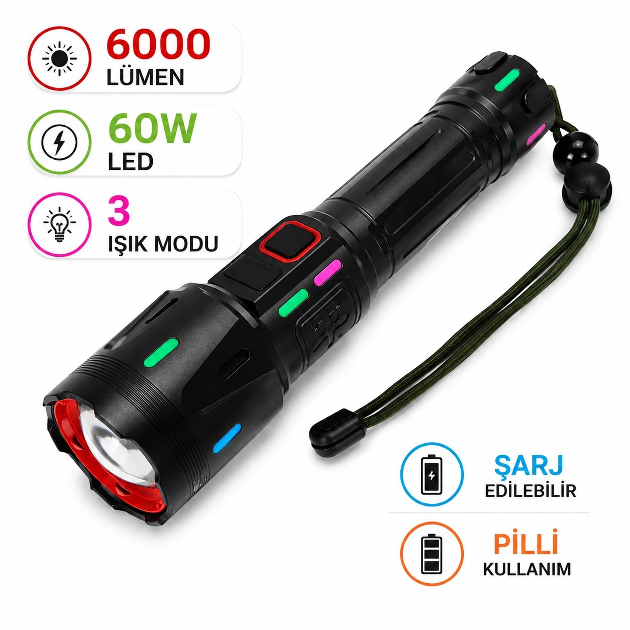RT-063 B Şarjlı LED El Feneri 6000 Lümen 60W Güçlü Aydınlatma 3 Işık Modlu Pilli Kullanımlı Taşıma Askılı Kamp ve Acil Durum Feneri
