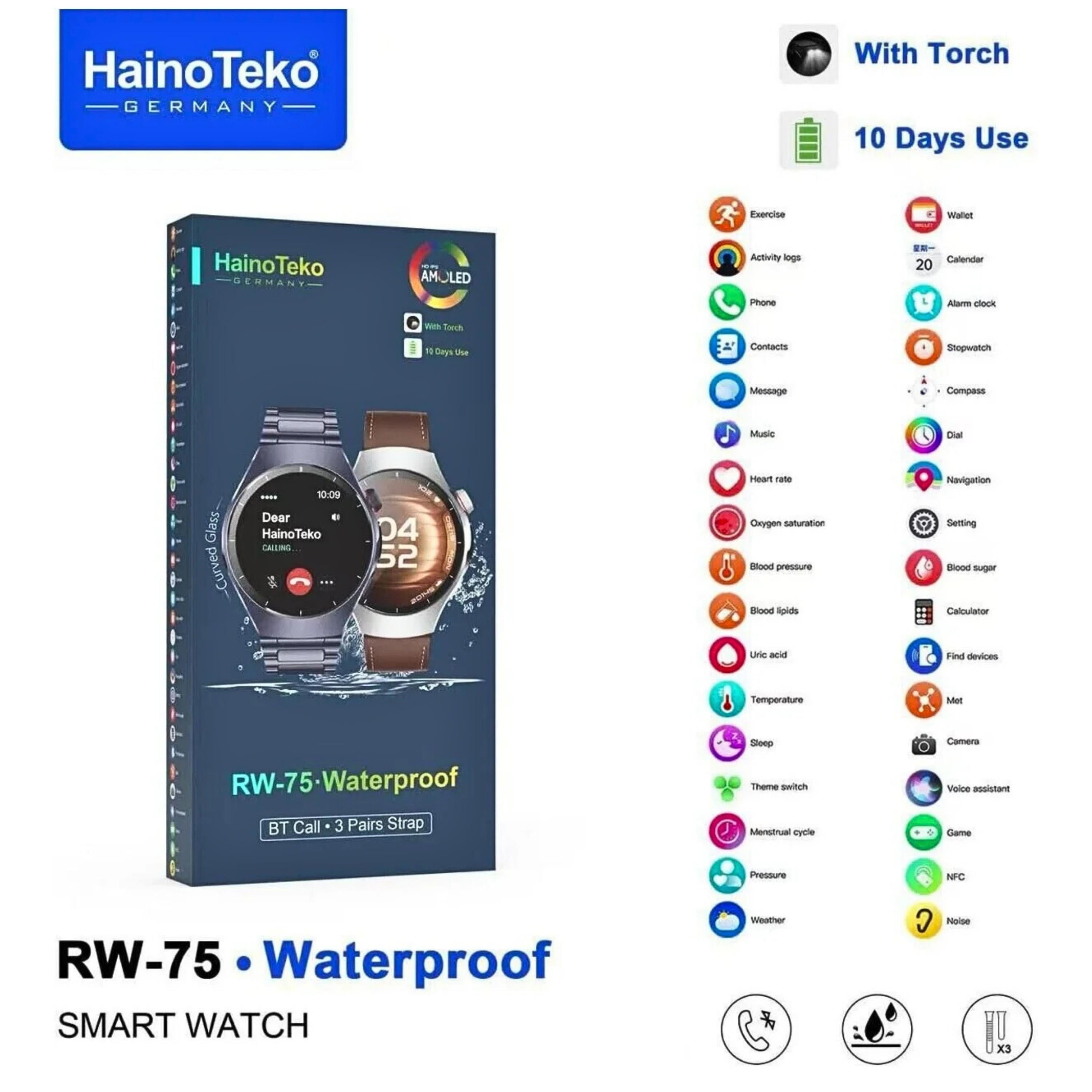 RW-75 Amoled Ekran Waterproof Akıllı Saat 10 Gün Şarj Ömürlü Suya Dayanıklı 3 Kordonlu Bluetooth Arama Özellikli Akıllı Saat