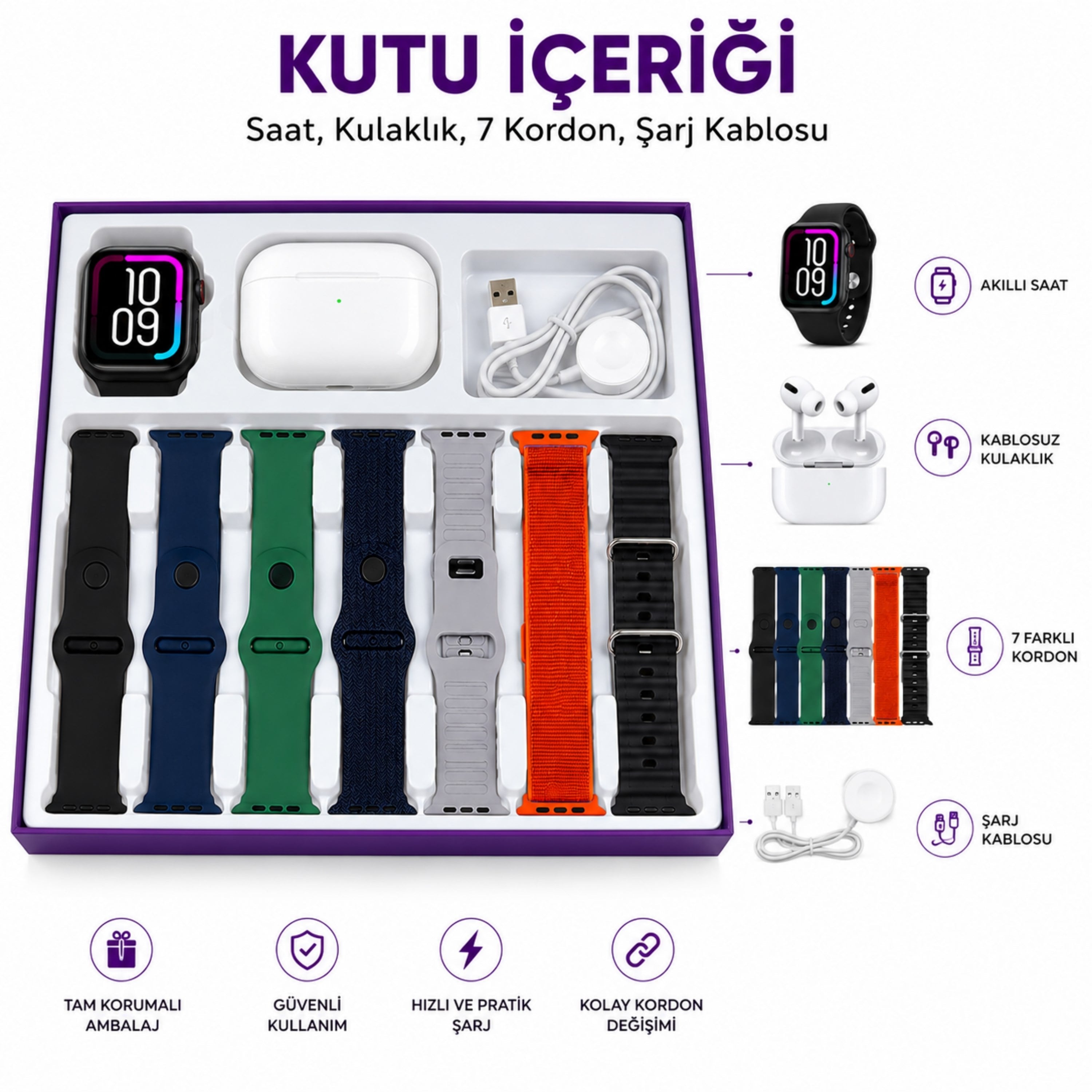 S1000 ProMax 7+2 Akıllı Saat Seti Kablosuz Bluetooth Kulaklık 7 Farklı Kordon Dokunmatik Akıllı Saat Type C Şarj Destekli