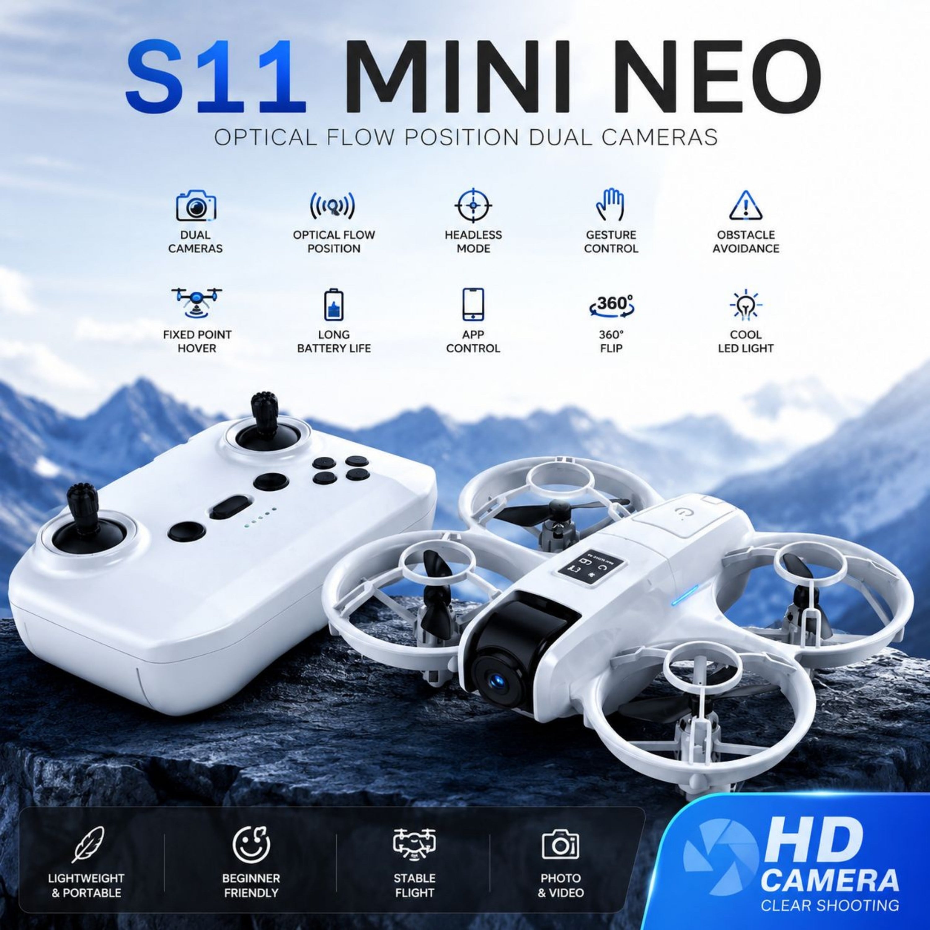 S11 Mini Neo Işıklı Mini Drone Tek Kameralı Optik Akış Sabitleme Engel Algılama Headless Mod APP Kontrollü Fotoğraf ve Video Çekim Drone