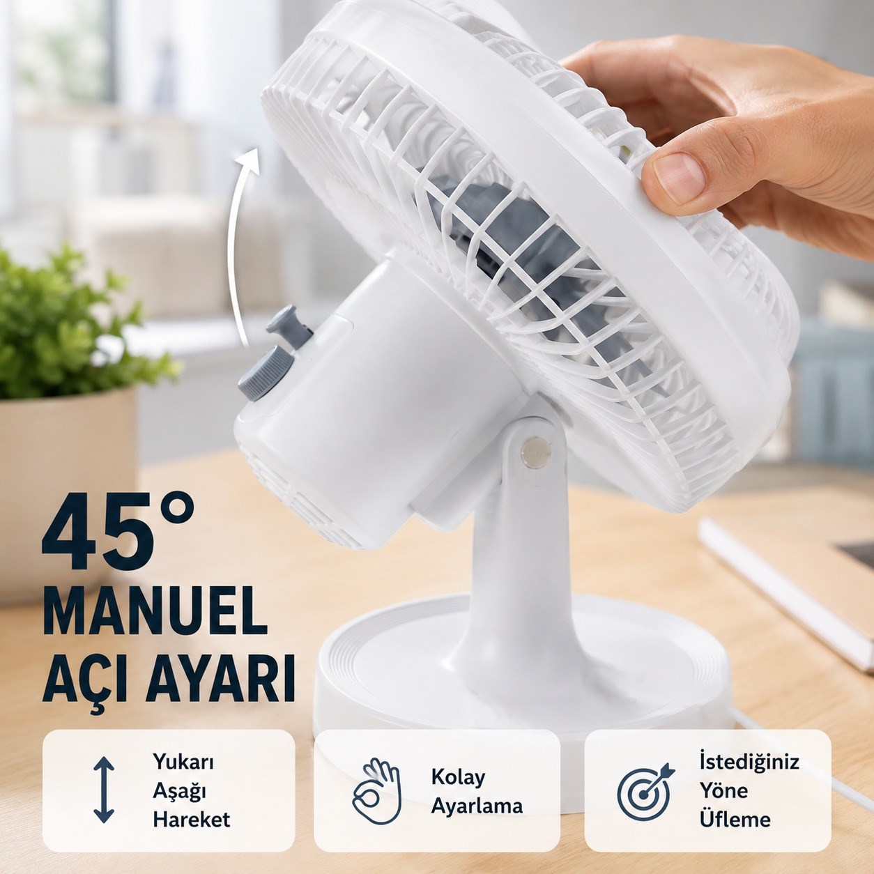 SF7703 Mini Masaüstü Vantilatör 2 Kademeli Hız Ayarlı Sessiz Çalışma 45° Otomatik Salınımlı 2200 RPM Fan Oynar Başlıklı 