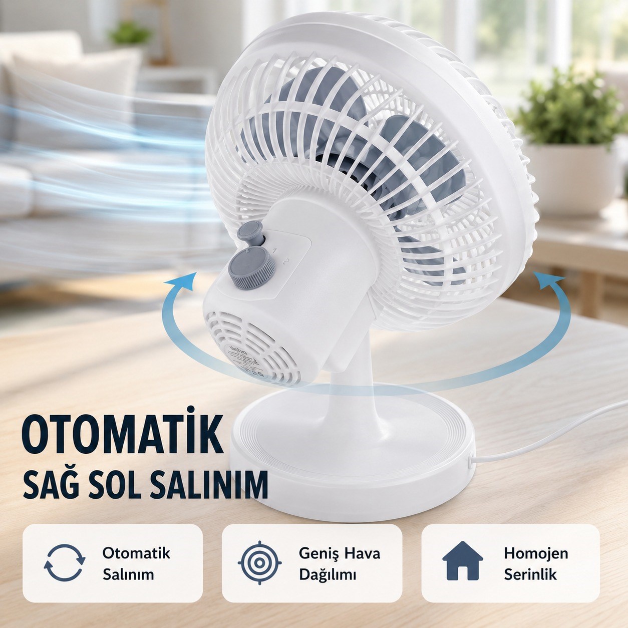 SF7703 Mini Masaüstü Vantilatör 2 Kademeli Hız Ayarlı Sessiz Çalışma 45° Otomatik Salınımlı 2200 RPM Fan Oynar Başlıklı 