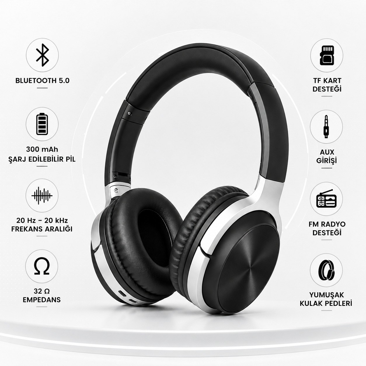 Siyah BT830 Kablosuz Bluetooth 5.0 Kulak Üstü Kulaklık TF Kart Destekli Aux Girişli Şarj Edilebilir Kulaklık