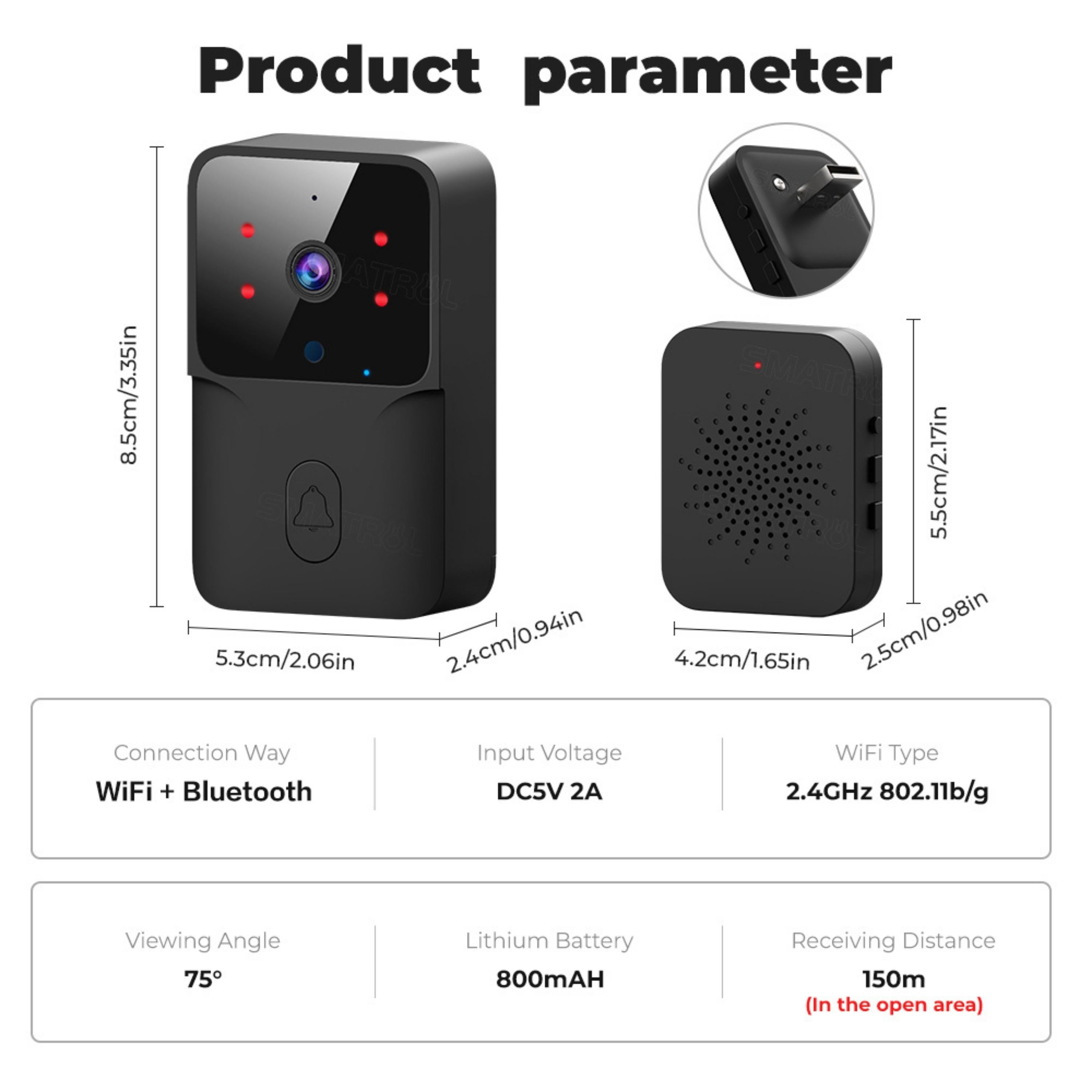 Siyah Kameralı Akıllı Kapı Zili Kamera Sistemli Mini Doorbell Görüntülü Kapı Zili Hareket Sensörlü Gece Görüşlü Ev Ofis Güvenlik Şarjlı Kapı Zili
